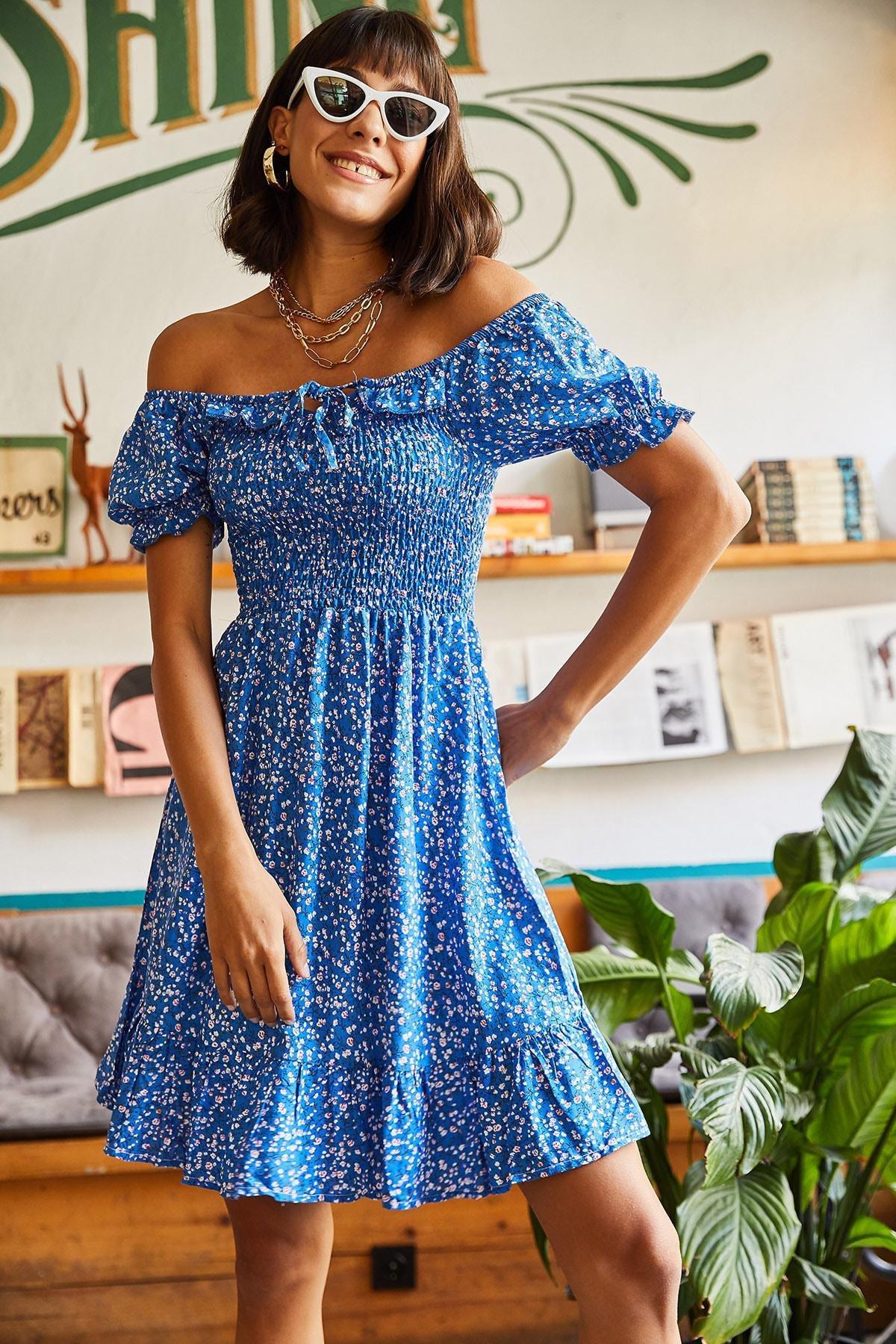 Blue Flared Tie Collar Dress, , large image number 0