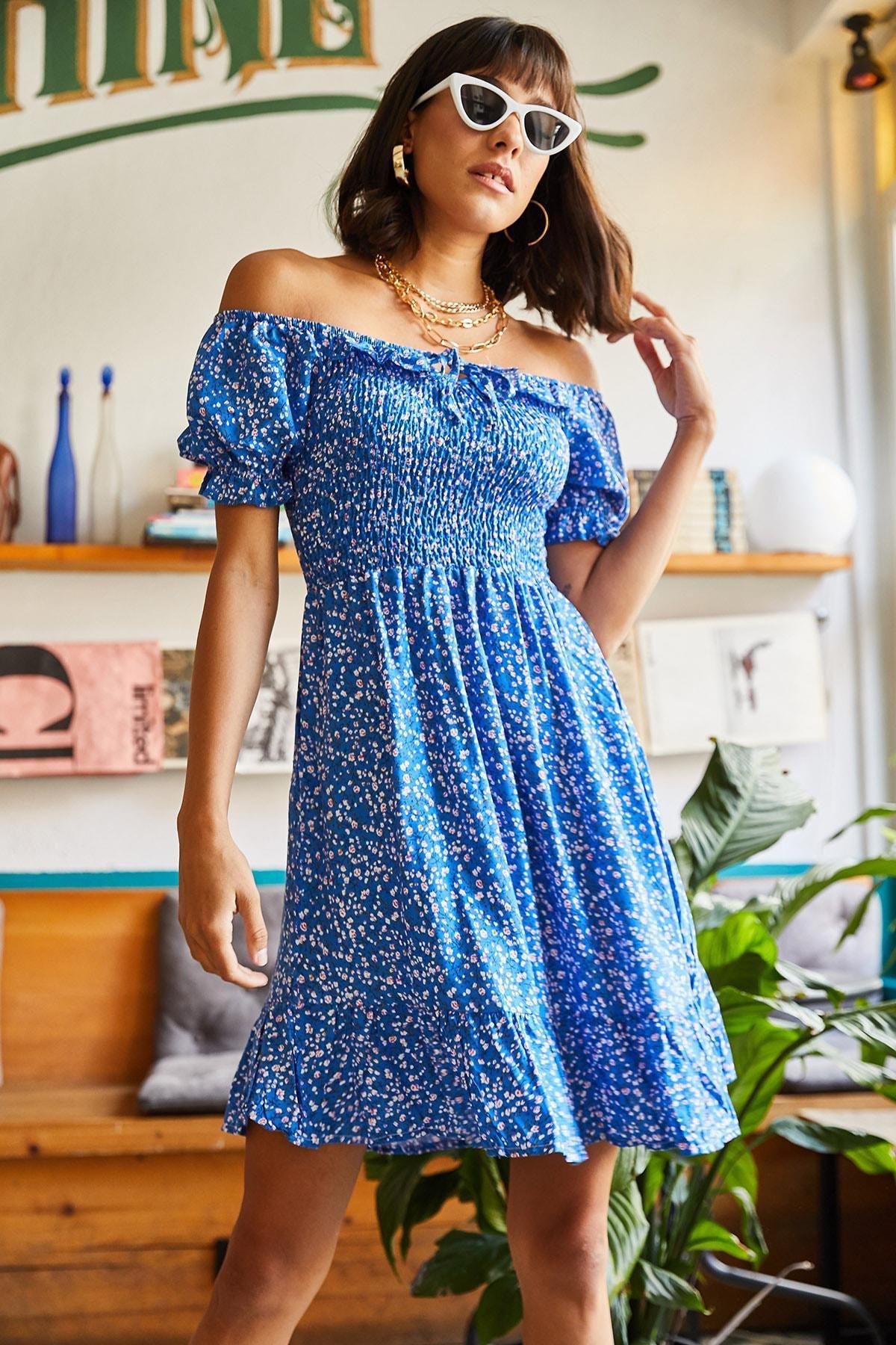 Blue Flared Tie Collar Dress, , large image number 1