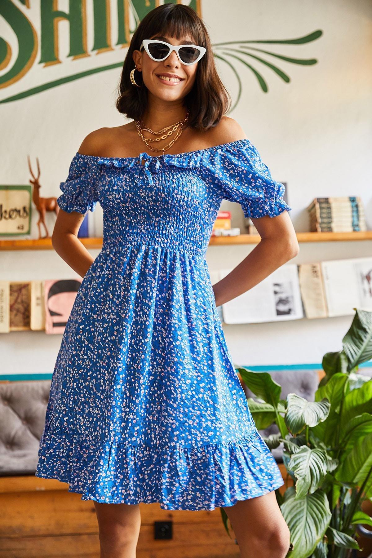 Blue Flared Tie Collar Dress, , large image number 4