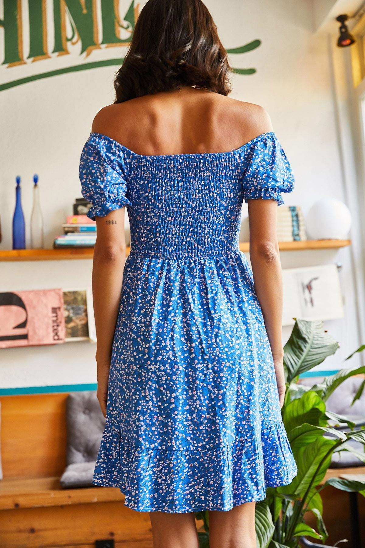 Blue Flared Tie Collar Dress, , large image number 5