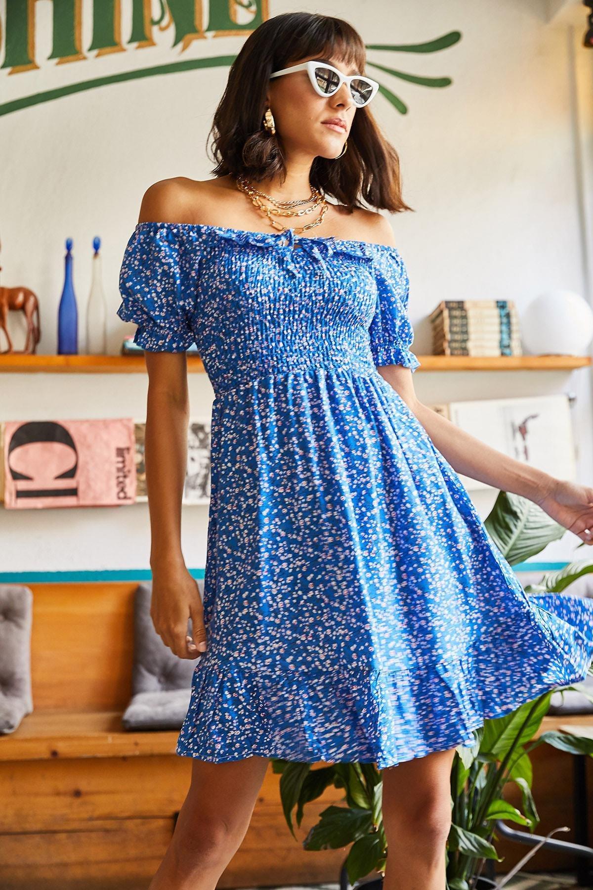 Blue Flared Tie Collar Dress, , large image number 6