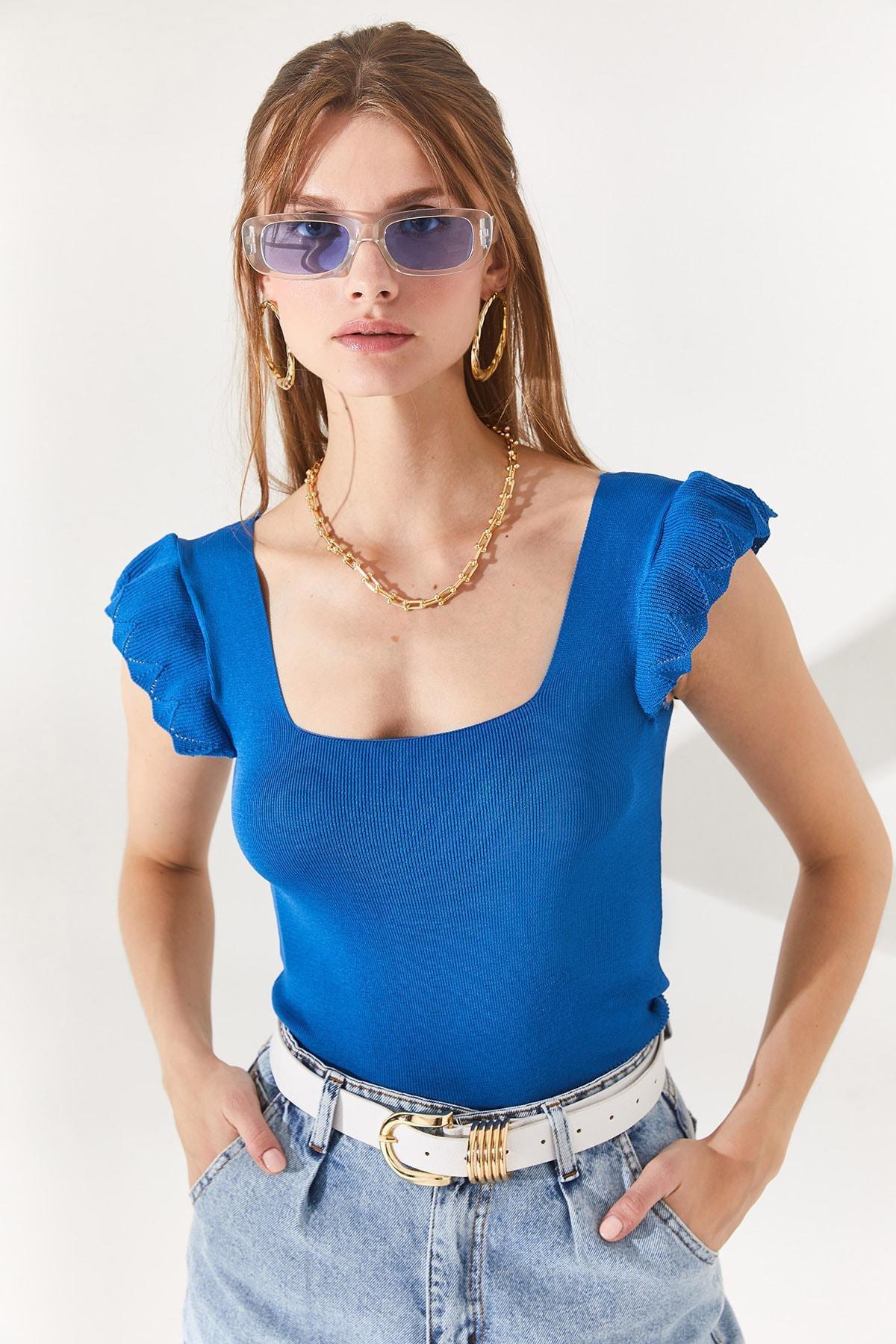 Blue Ruffle Sleeve Slim Blouse, Indigo, large image number 1