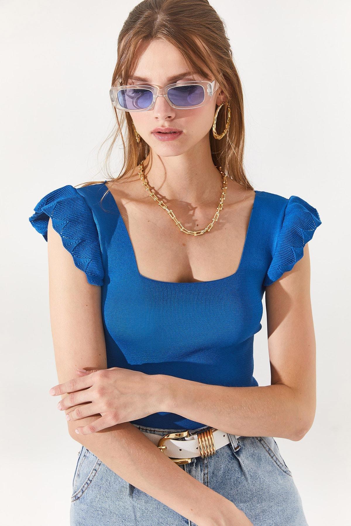 Blue Ruffle Sleeve Slim Blouse, Indigo, large image number 3