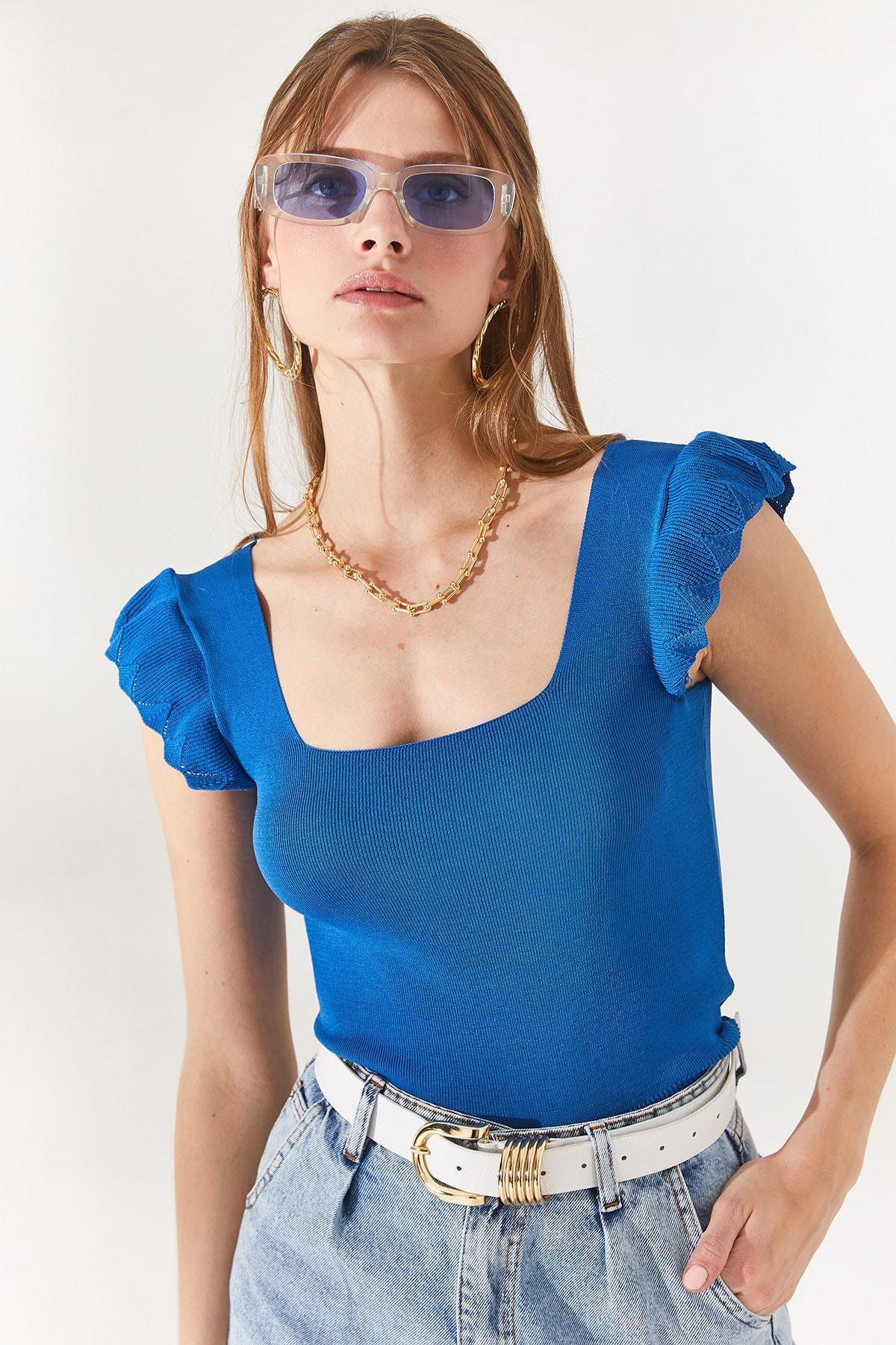 Blue Ruffle Sleeve Slim Blouse, Indigo, large image number 4