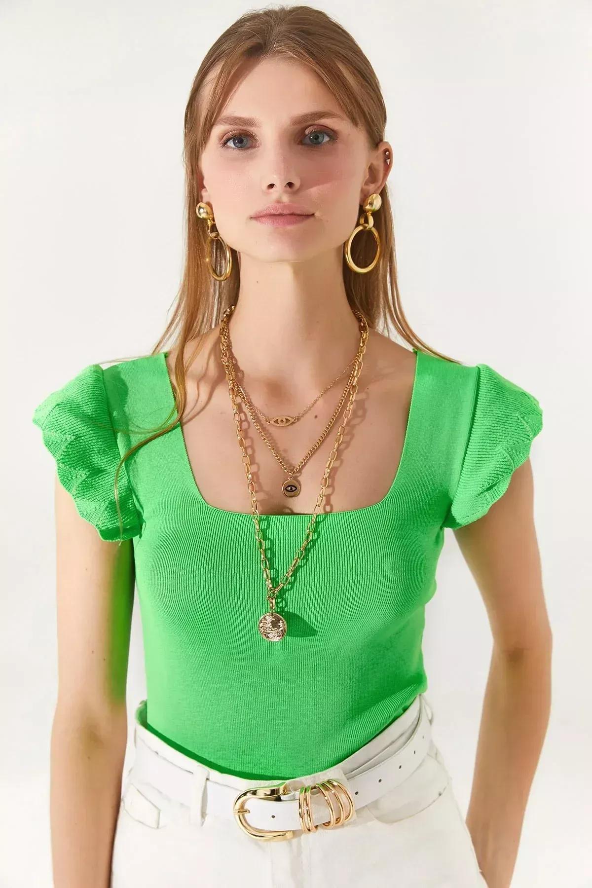 Green Ruffle Sleeve Slim Blouse, PISTACHIO GREEN, large image number 0