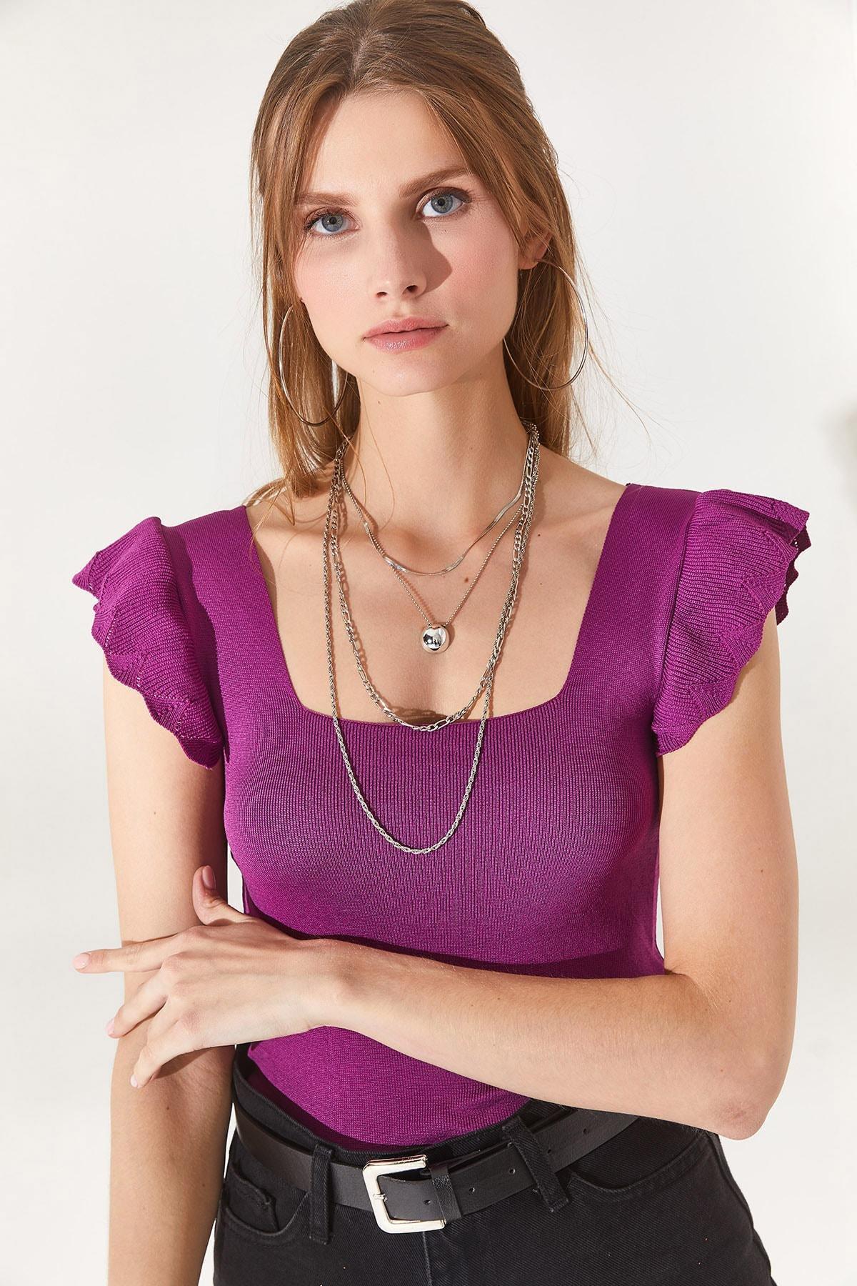 Purple Ruffle Sleeve Slim Blouse, Plum, large image number 0