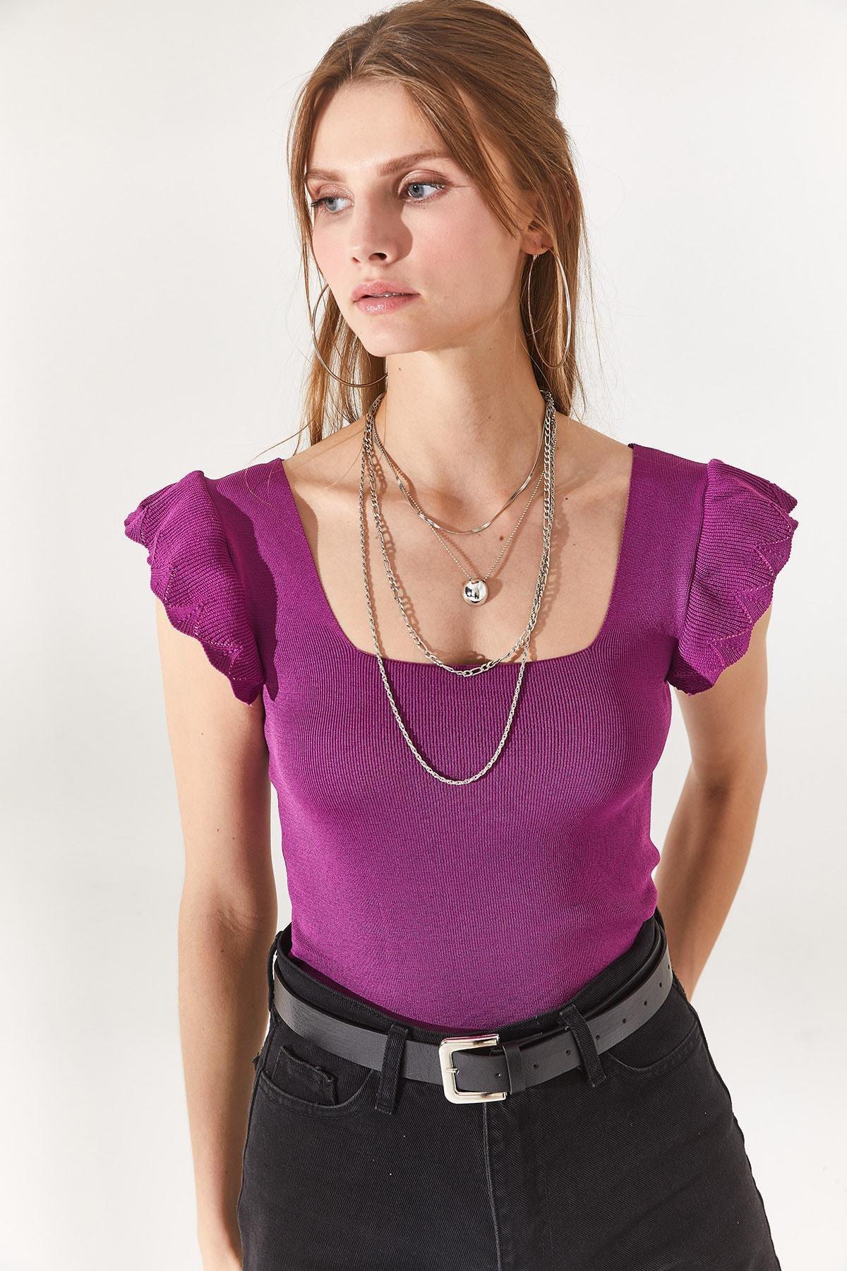 Purple Ruffle Sleeve Slim Blouse, Plum, large image number 1
