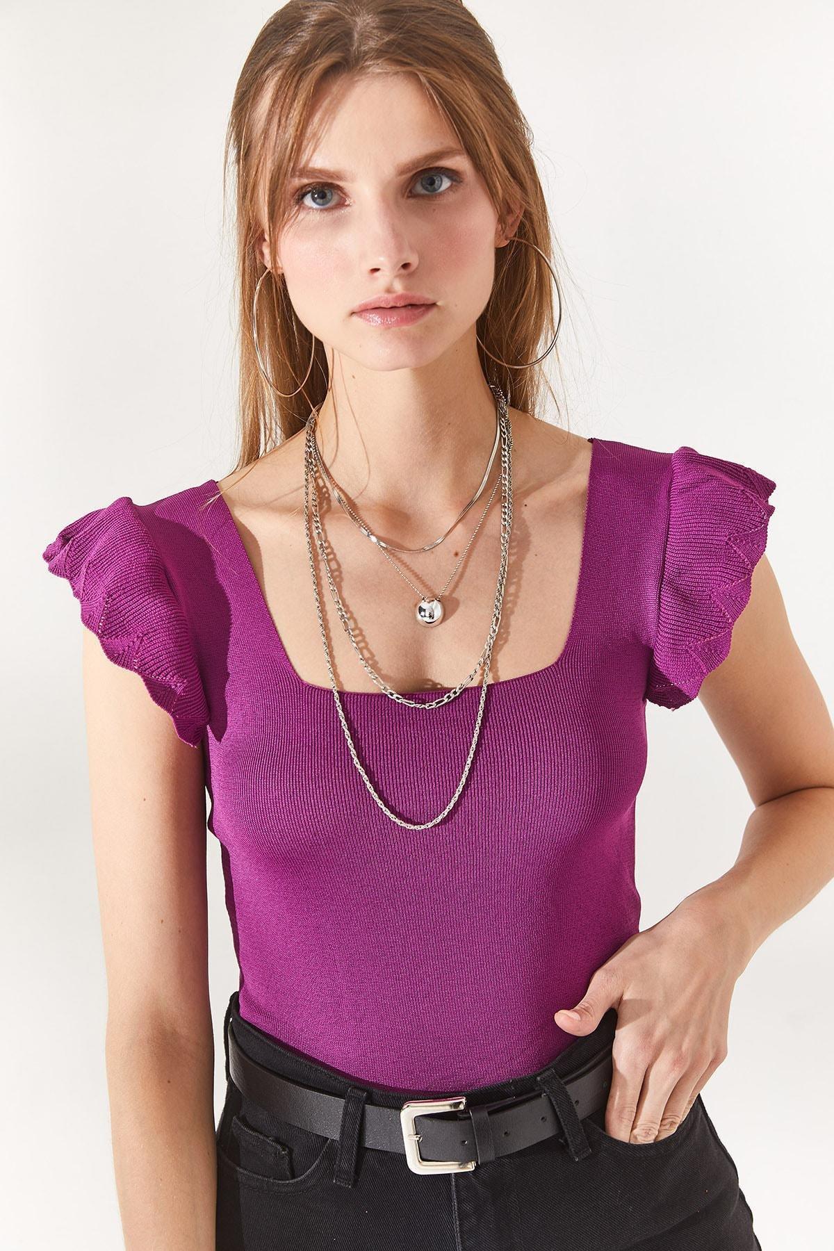 Purple Ruffle Sleeve Slim Blouse, Plum, large image number 2