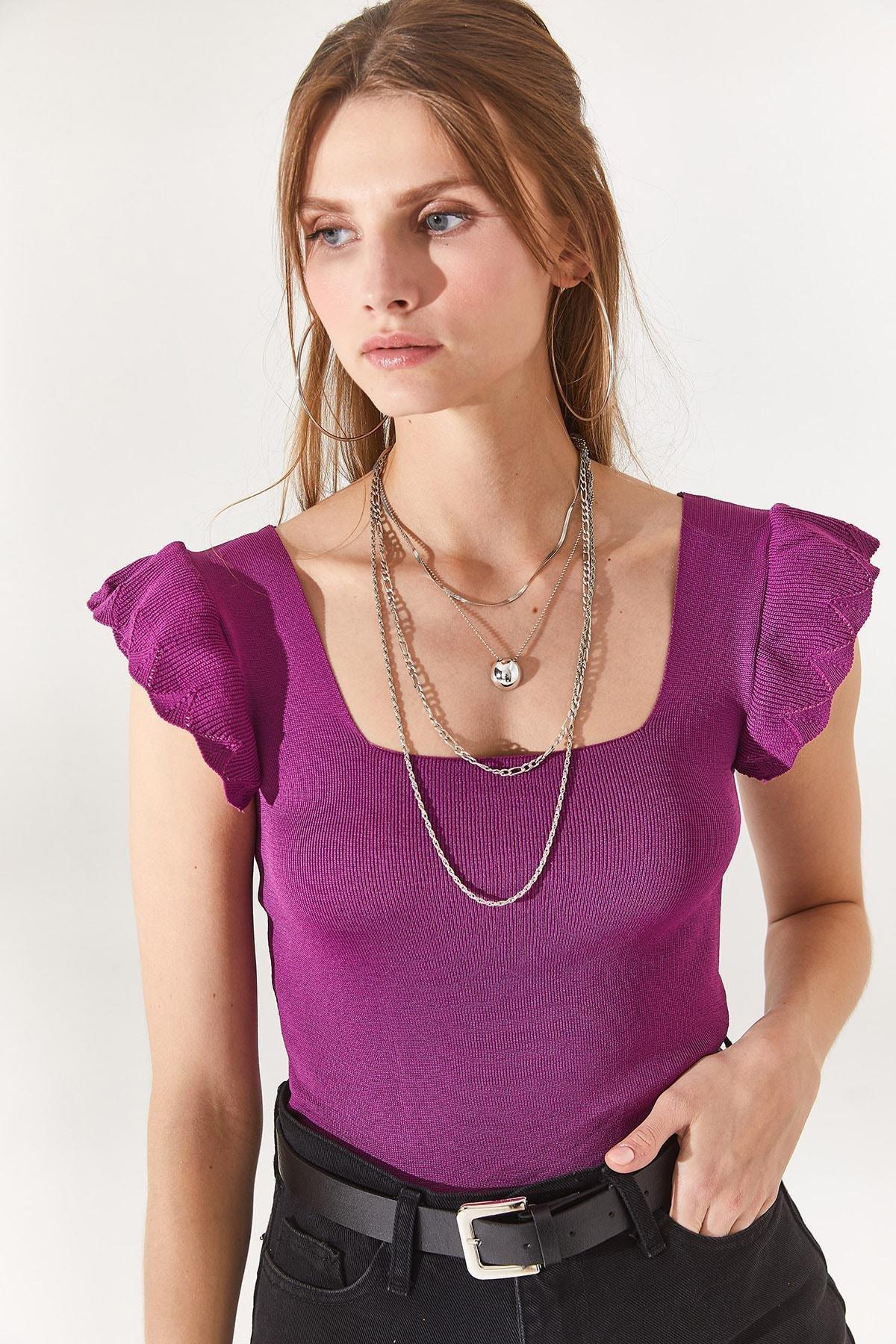 Purple Ruffle Sleeve Slim Blouse, Plum, large image number 3
