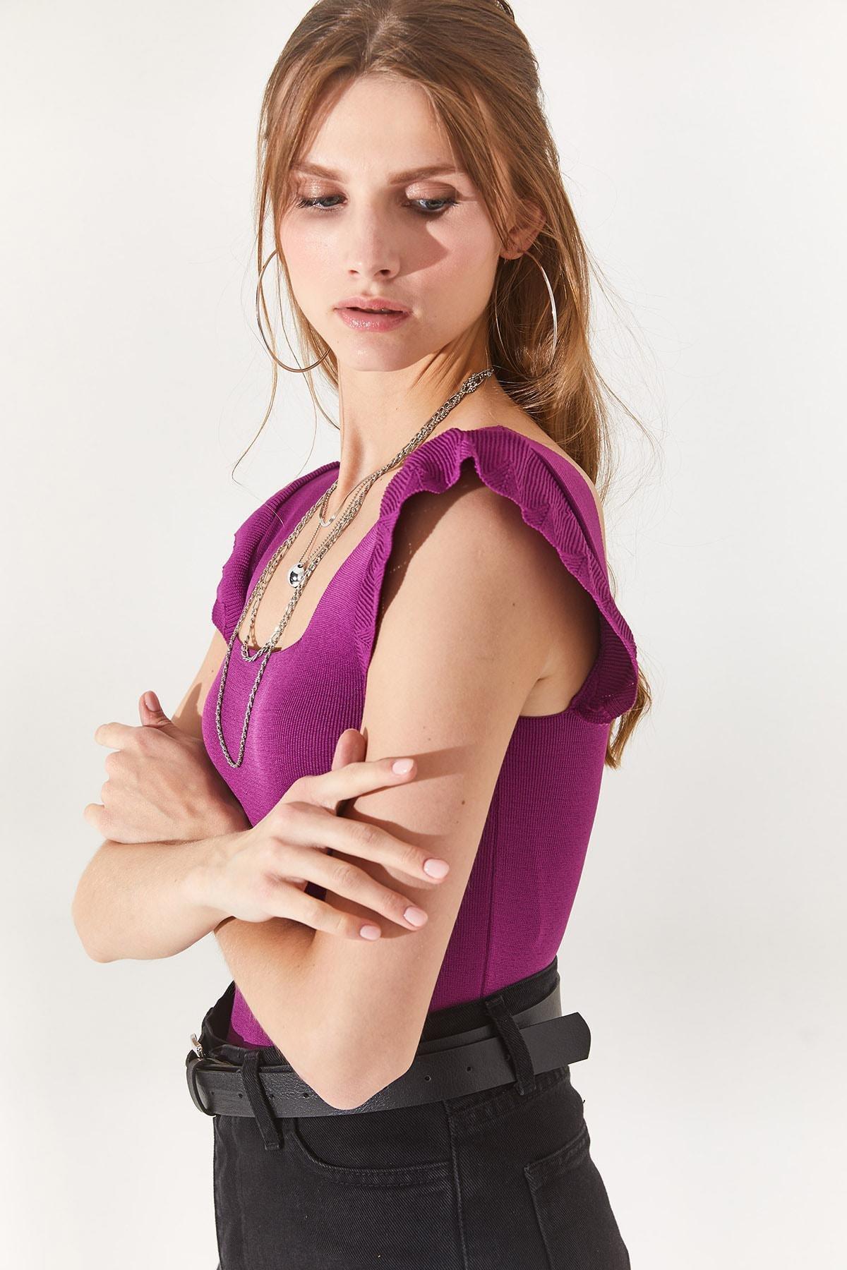 Purple Ruffle Sleeve Slim Blouse, Plum, large image number 4
