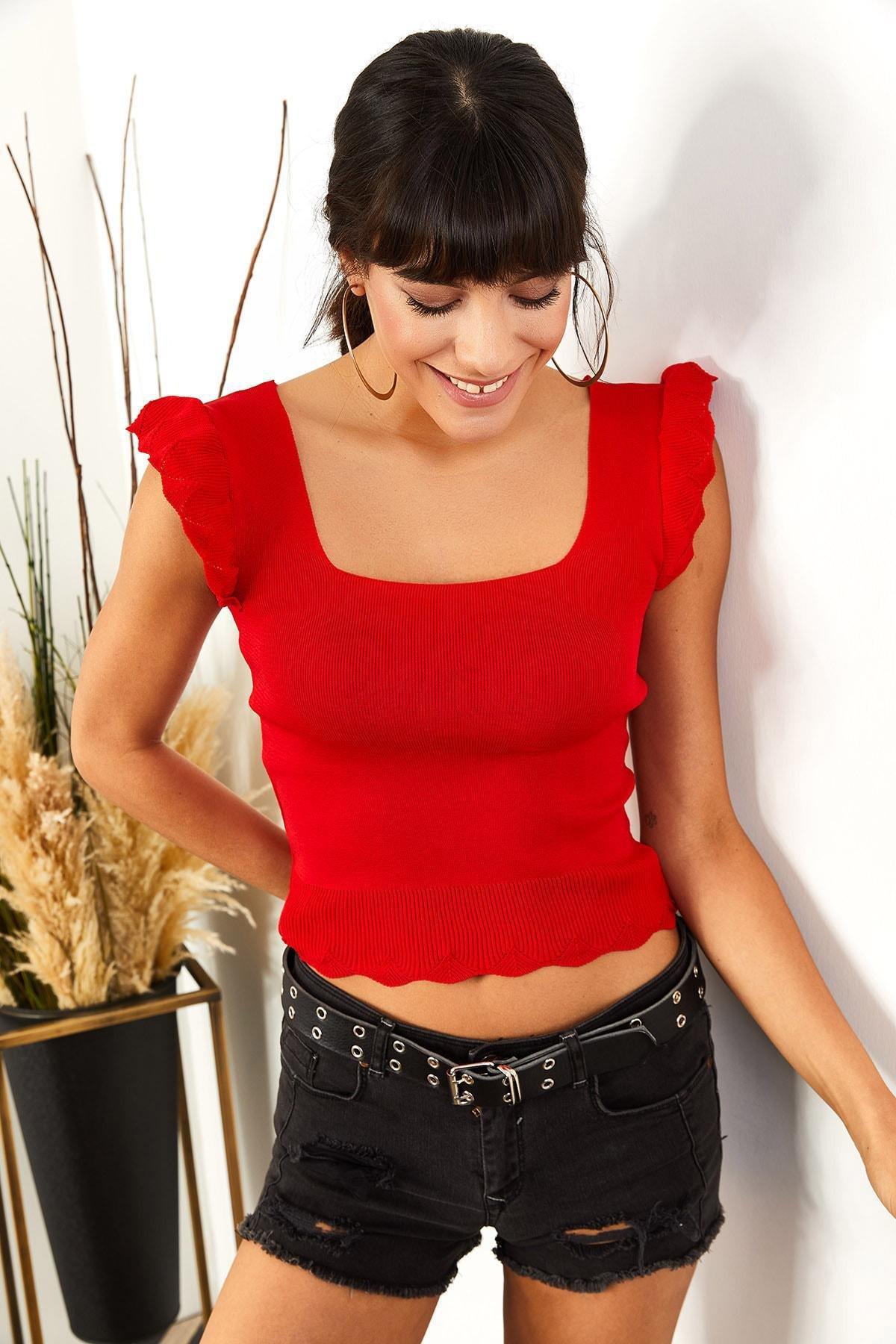 Red Ruffle Sleeve Slim Blouse, Red, large image number 2