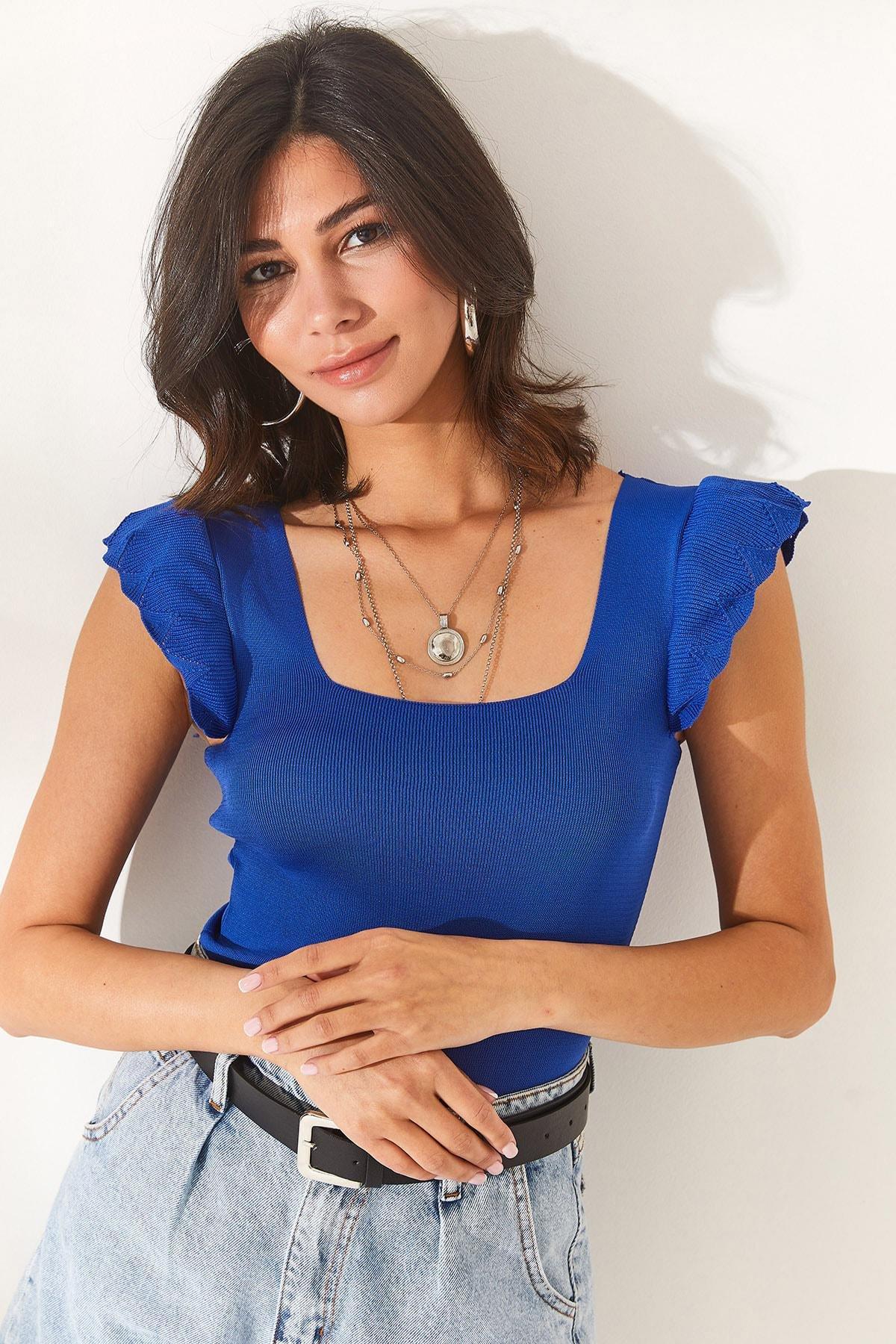 Navy Ruffle Sleeve Slim Blouse, Sax Blue, large image number 2