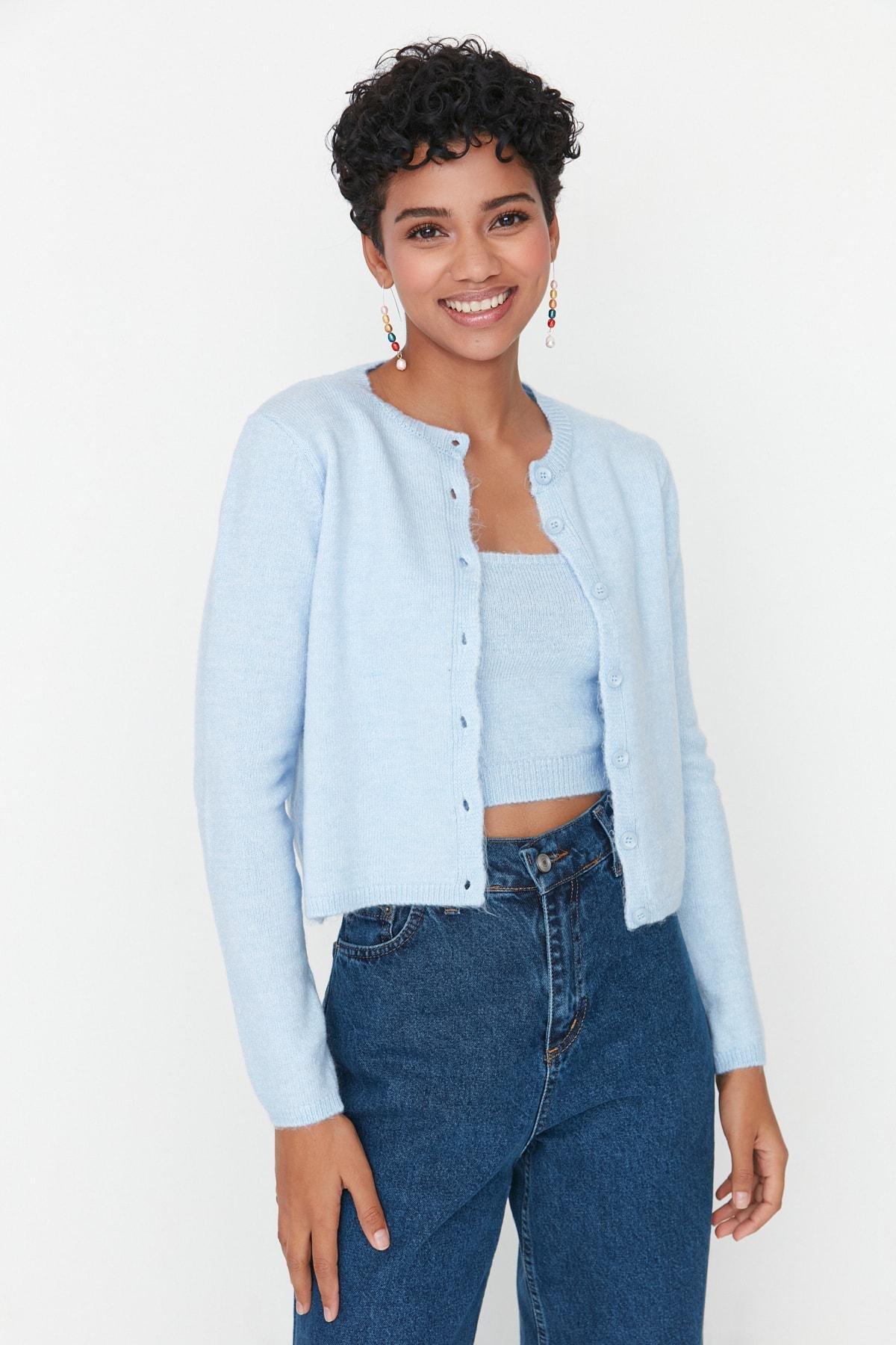 Blue Slim Crew Neck Cardigan, , large image number 0