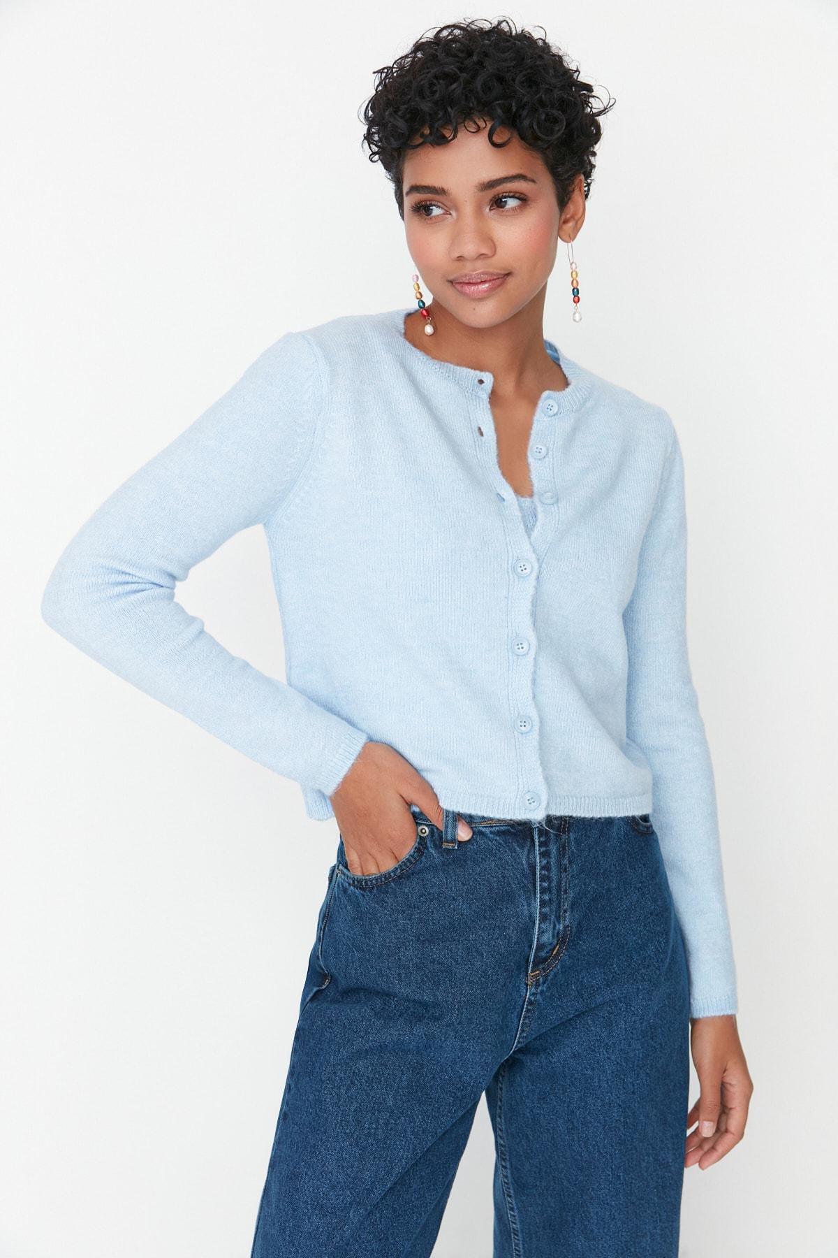 Blue Slim Crew Neck Cardigan, , large image number 3
