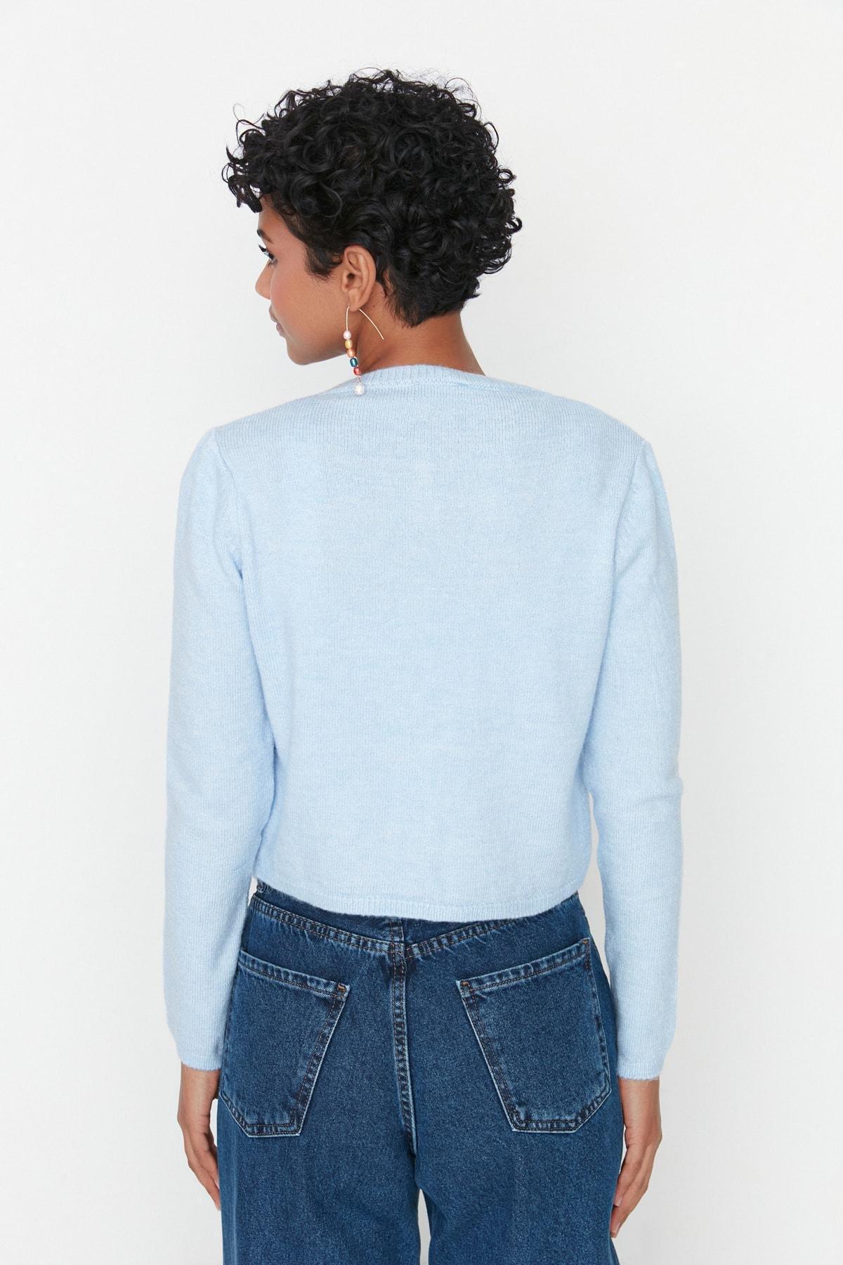 Blue Slim Crew Neck Cardigan, , large image number 5