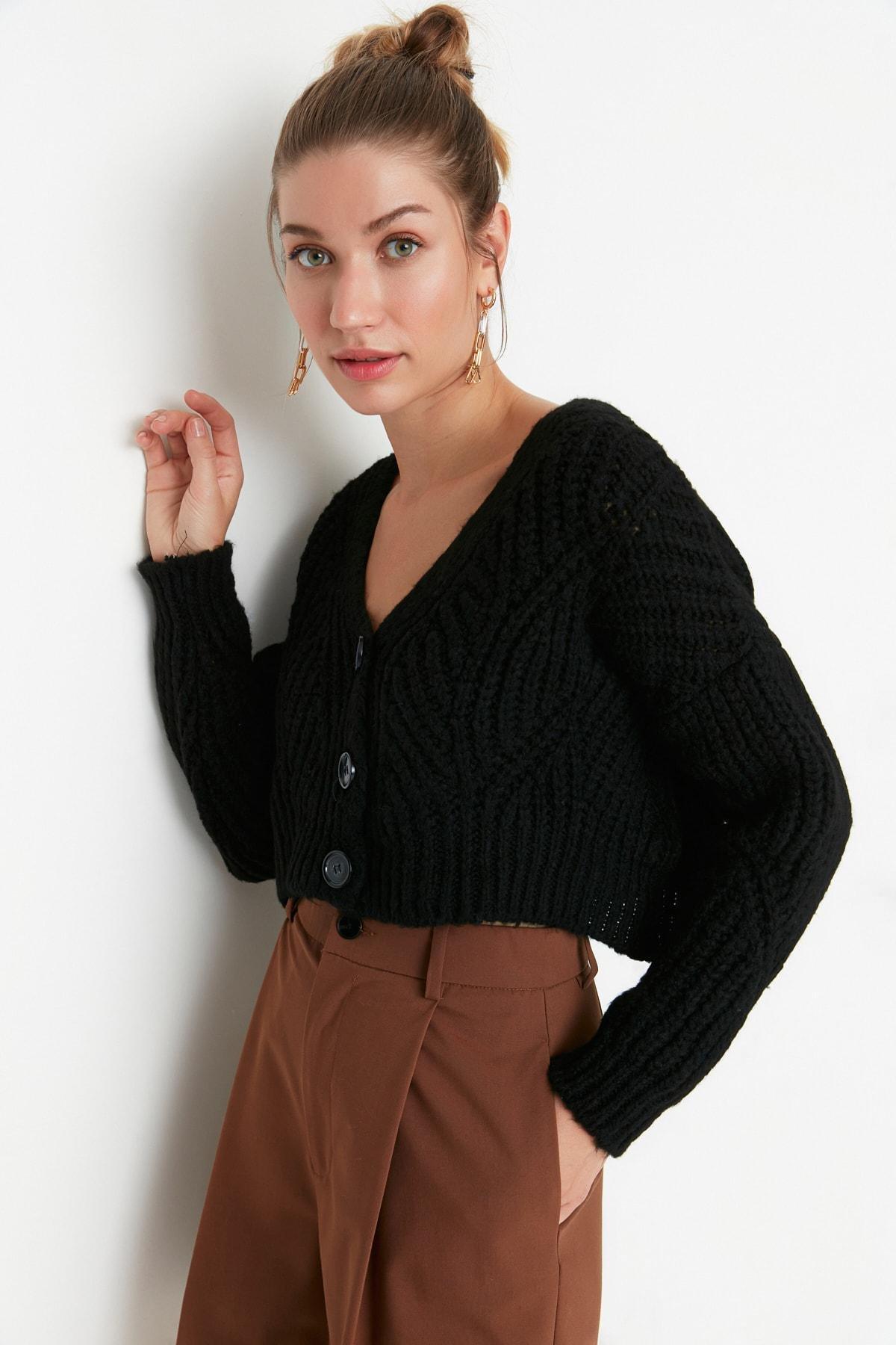 Black V-Neck Cardigan, , large image number 1