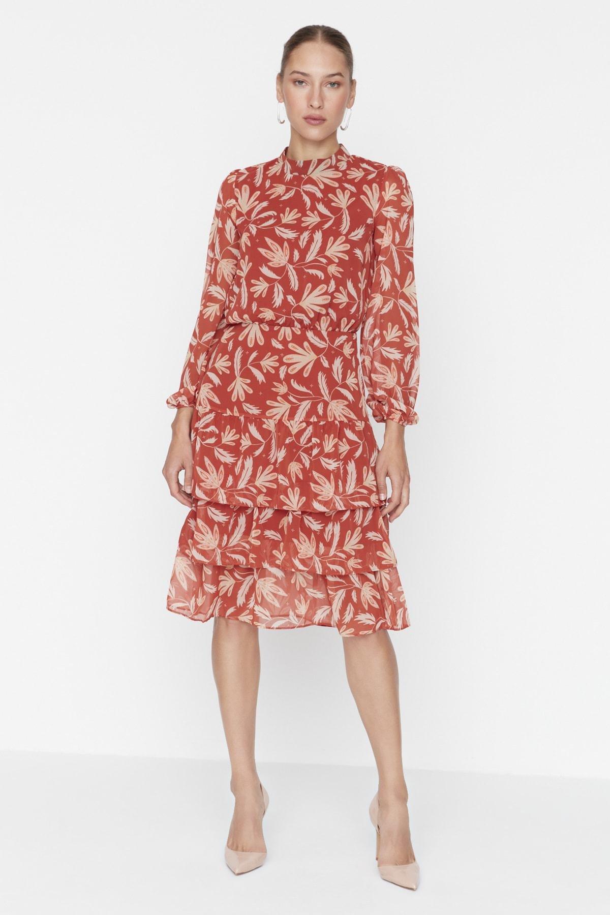 Orange Floral Ruffle Hem Midi Dress, , large image number 0