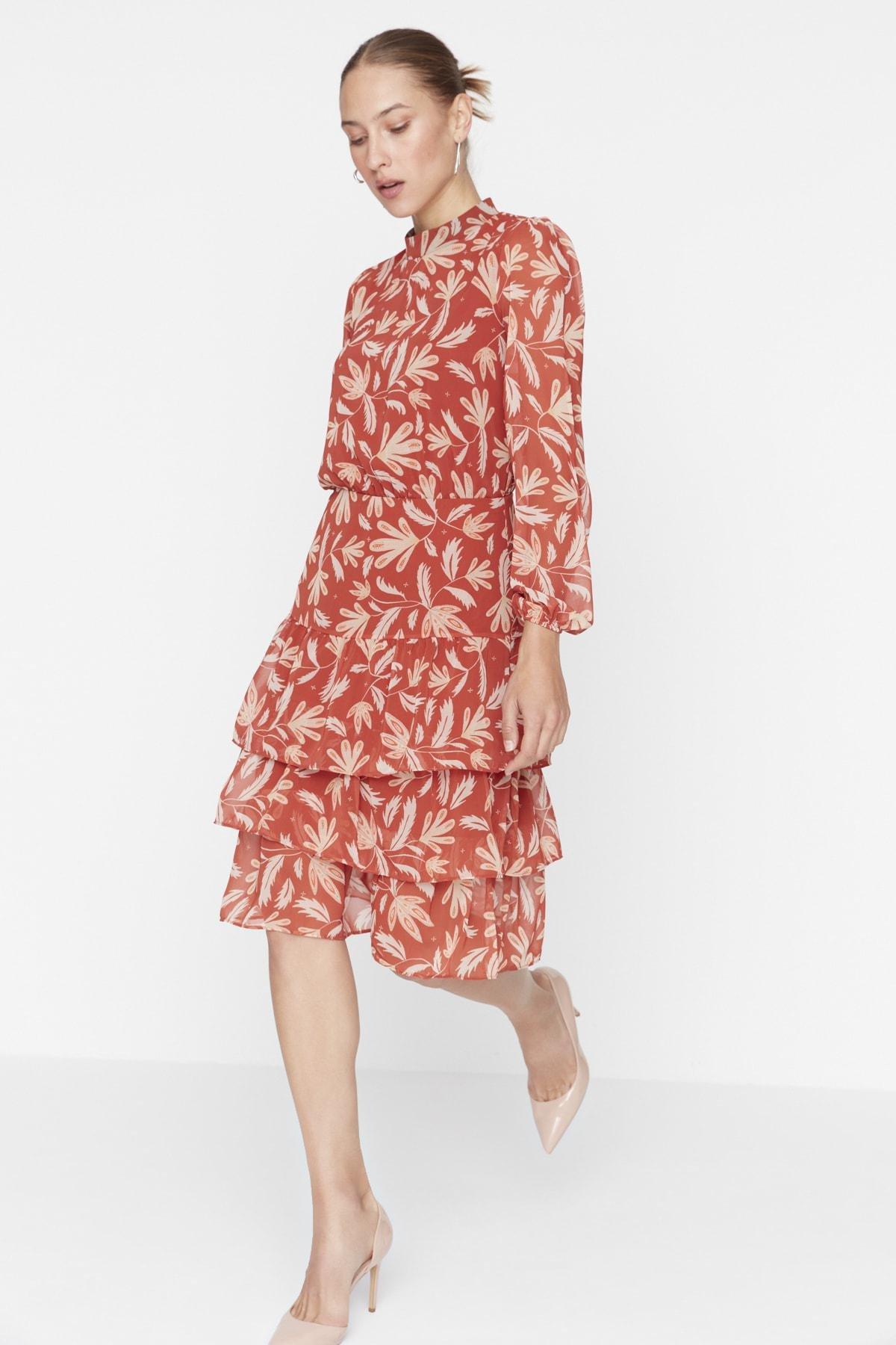 Orange Floral Ruffle Hem Midi Dress, , large image number 1