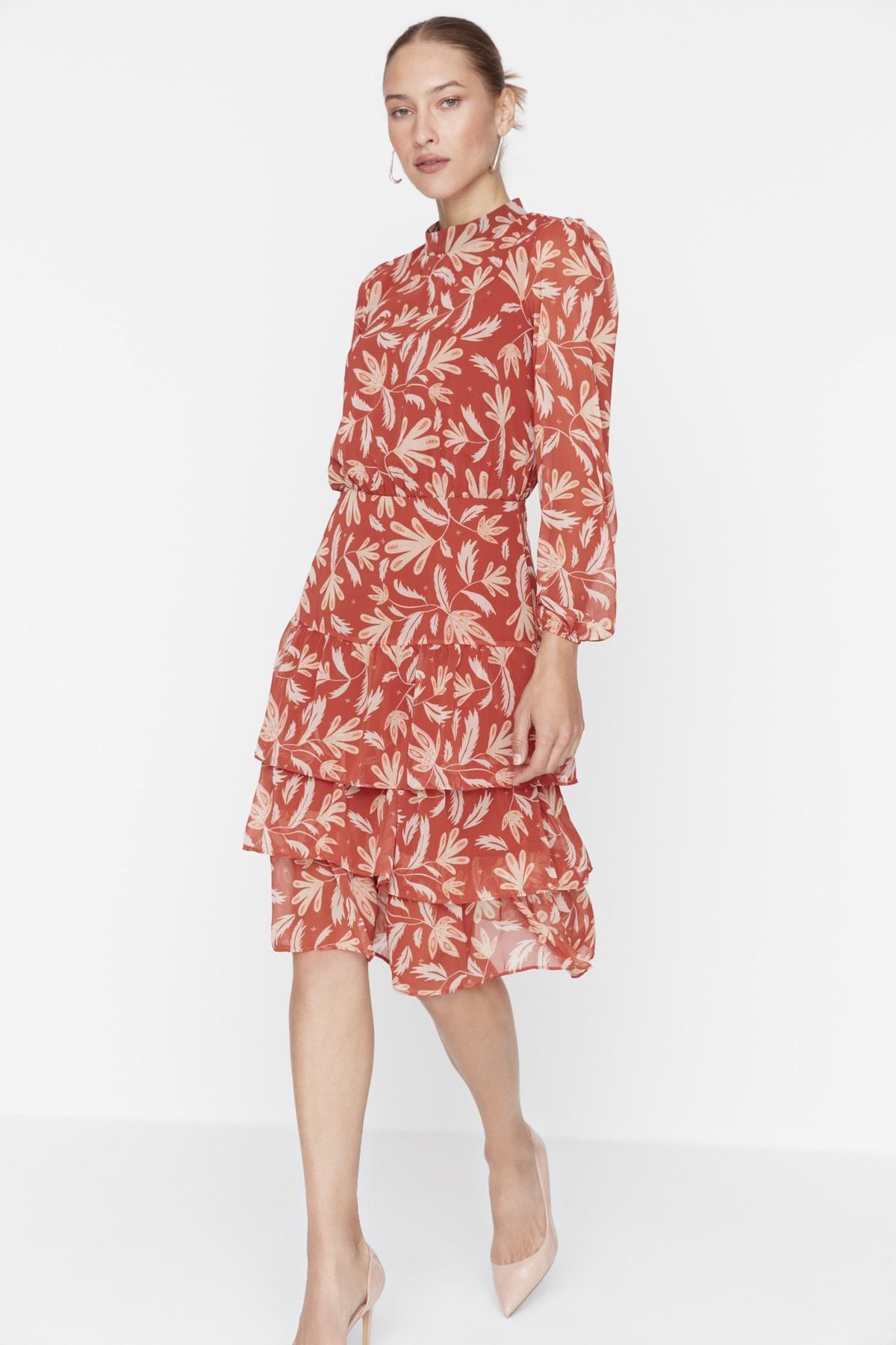 Orange Floral Ruffle Hem Midi Dress, , large image number 2