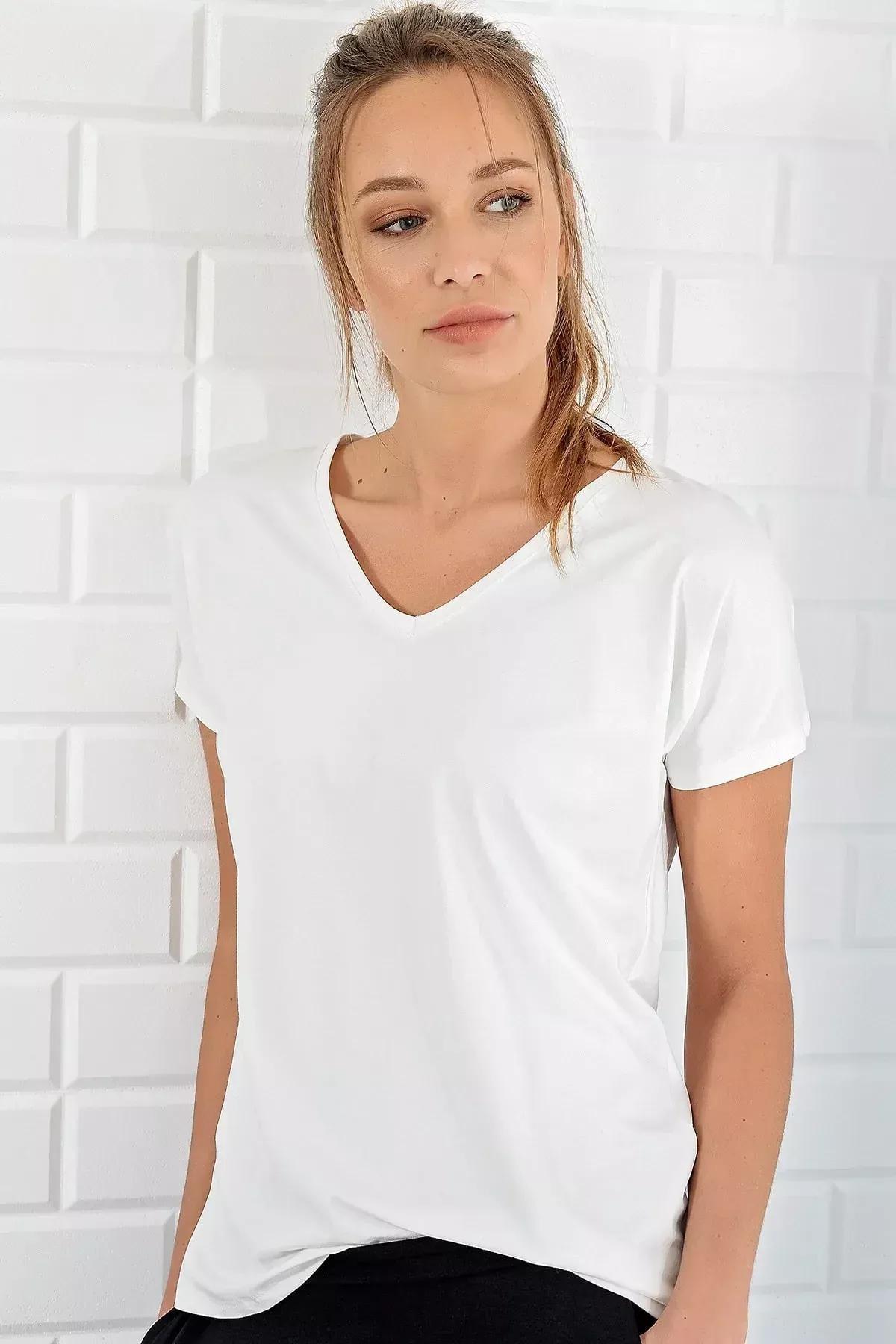 White V-Neck Basic T-Shirt, Ecru, medium