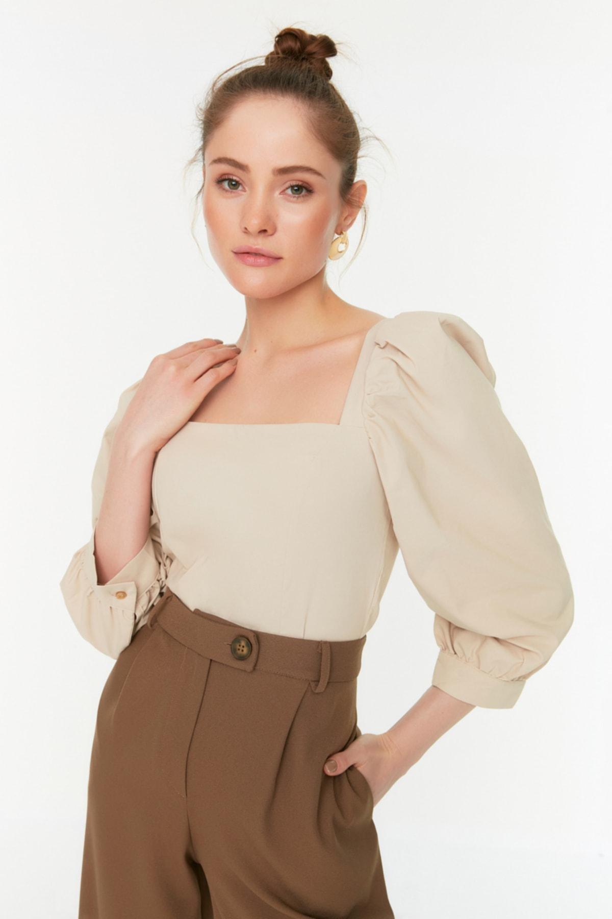 Brown Square Collar Blouse, , large image number 0