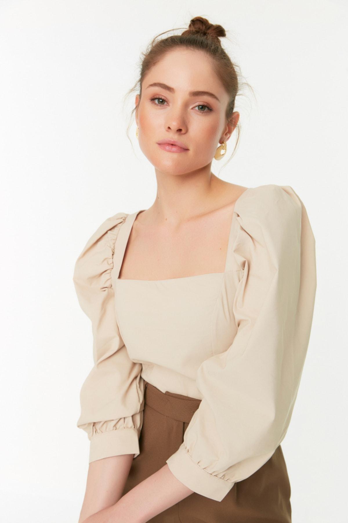 Brown Square Collar Blouse, , large image number 1
