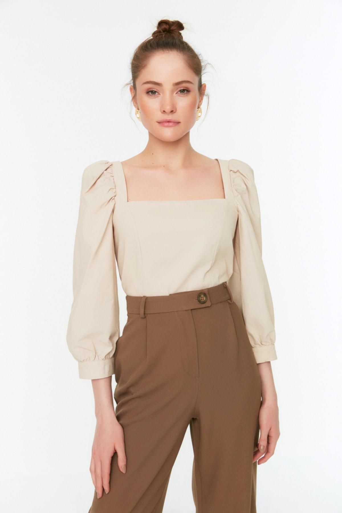 Brown Square Collar Blouse, , large image number 2