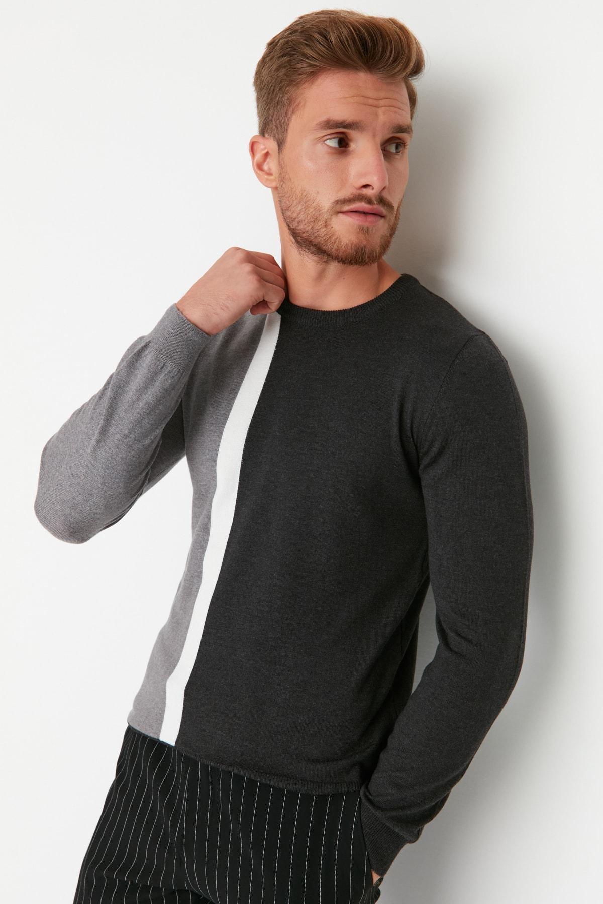 Anthracite Mens Slim Fit Crew Neck Paneled Knitwear Sweater TMNAW21KZ0566, Single, , large image number 0