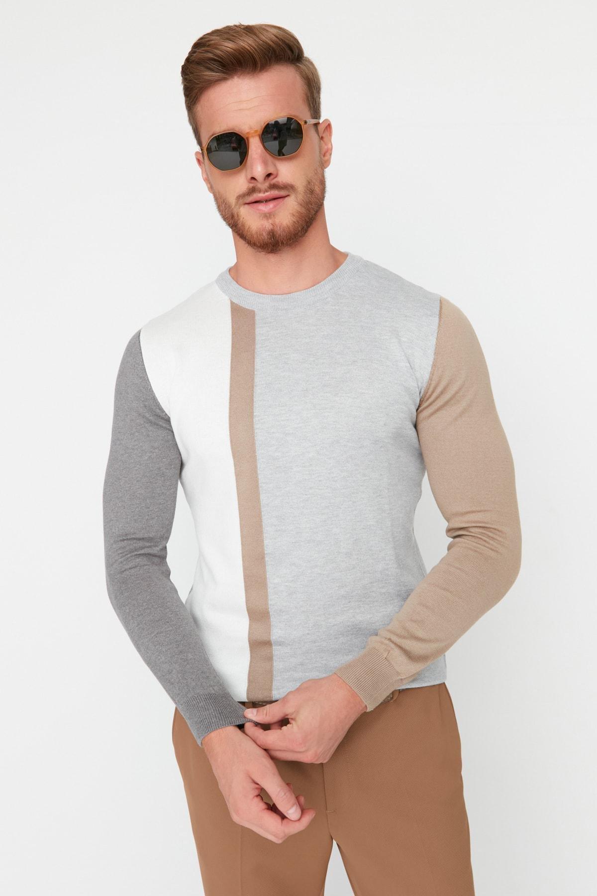 Anthracite Mens Slim Fit Crew Neck Paneled Knitwear Sweater TMNAW21KZ0566, Single, , large image number 1