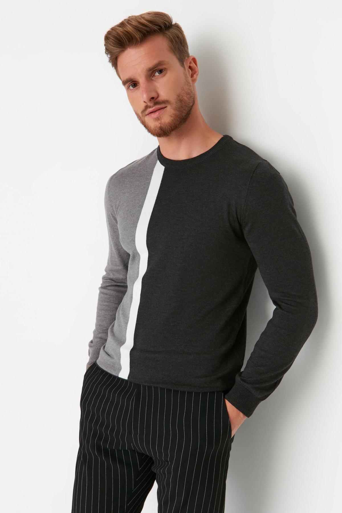 Anthracite Mens Slim Fit Crew Neck Paneled Knitwear Sweater TMNAW21KZ0566, Single, , large image number 2