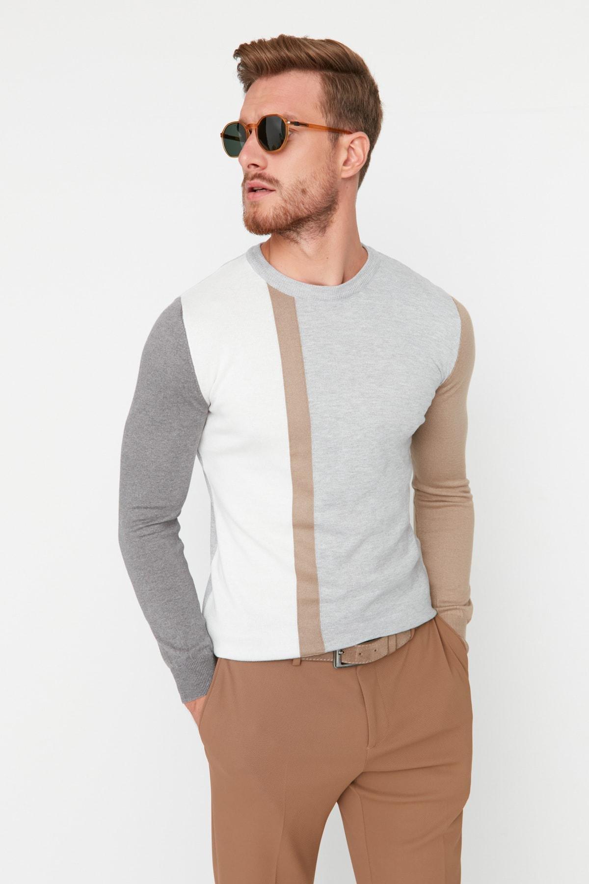 Anthracite Mens Slim Fit Crew Neck Paneled Knitwear Sweater TMNAW21KZ0566, Single, , large image number 3