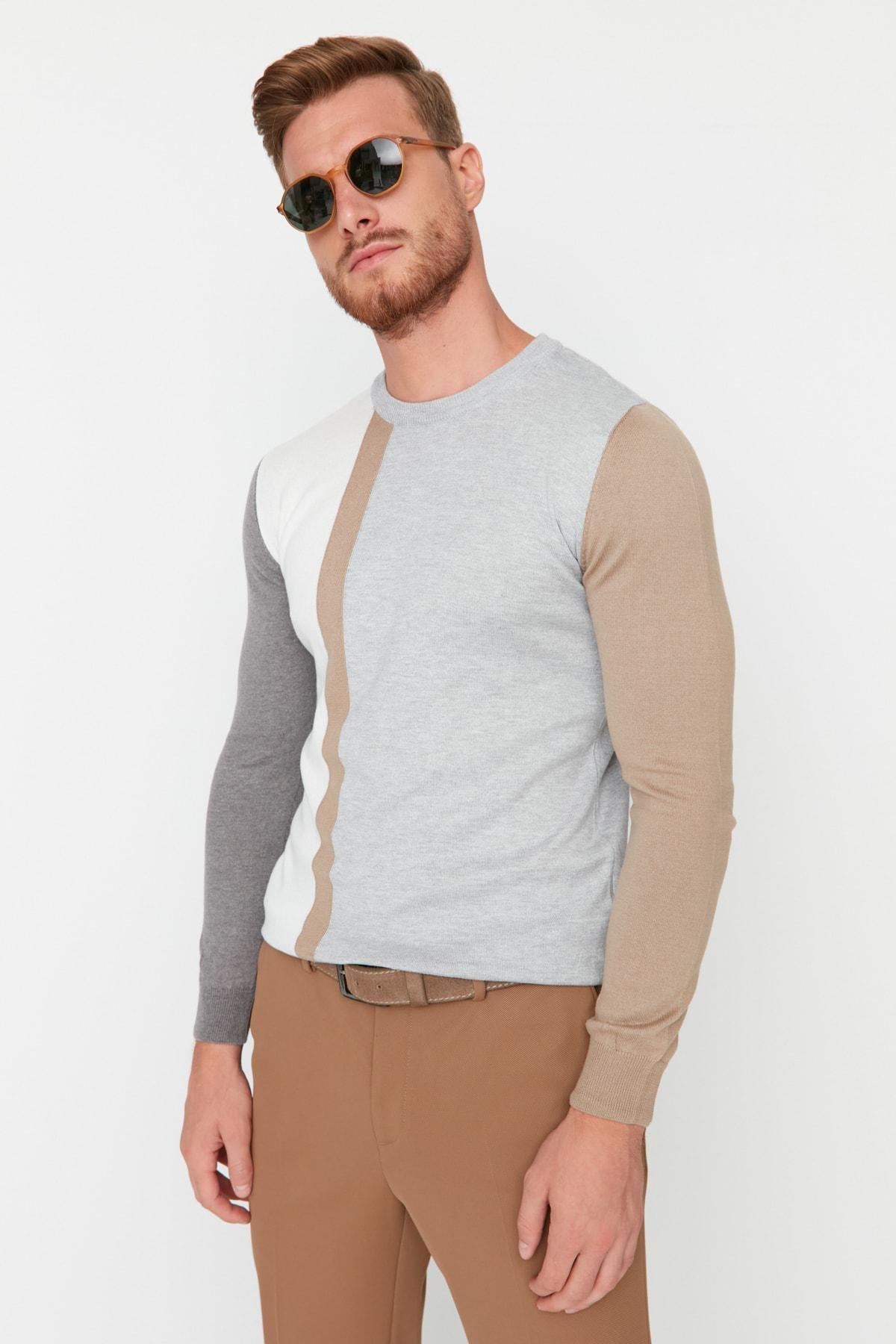Anthracite Mens Slim Fit Crew Neck Paneled Knitwear Sweater TMNAW21KZ0566, Single, , large image number 4