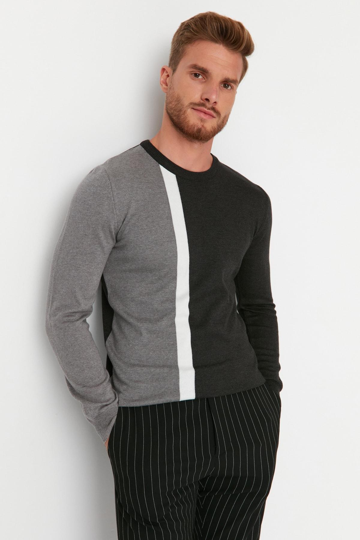 Anthracite Mens Slim Fit Crew Neck Paneled Knitwear Sweater TMNAW21KZ0566, Single, , large image number 7