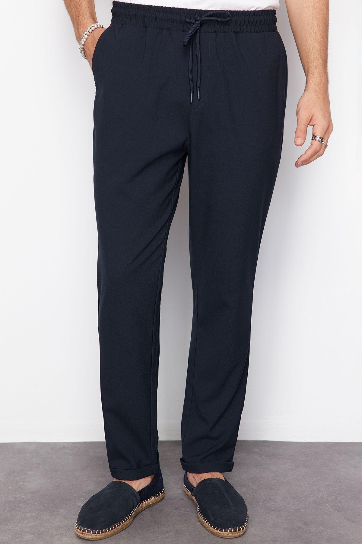 Navy Blue Elastic Waist Slim Fit Double Leg Fabric Trousers TMNAW21PL0107, single, , large image number 0