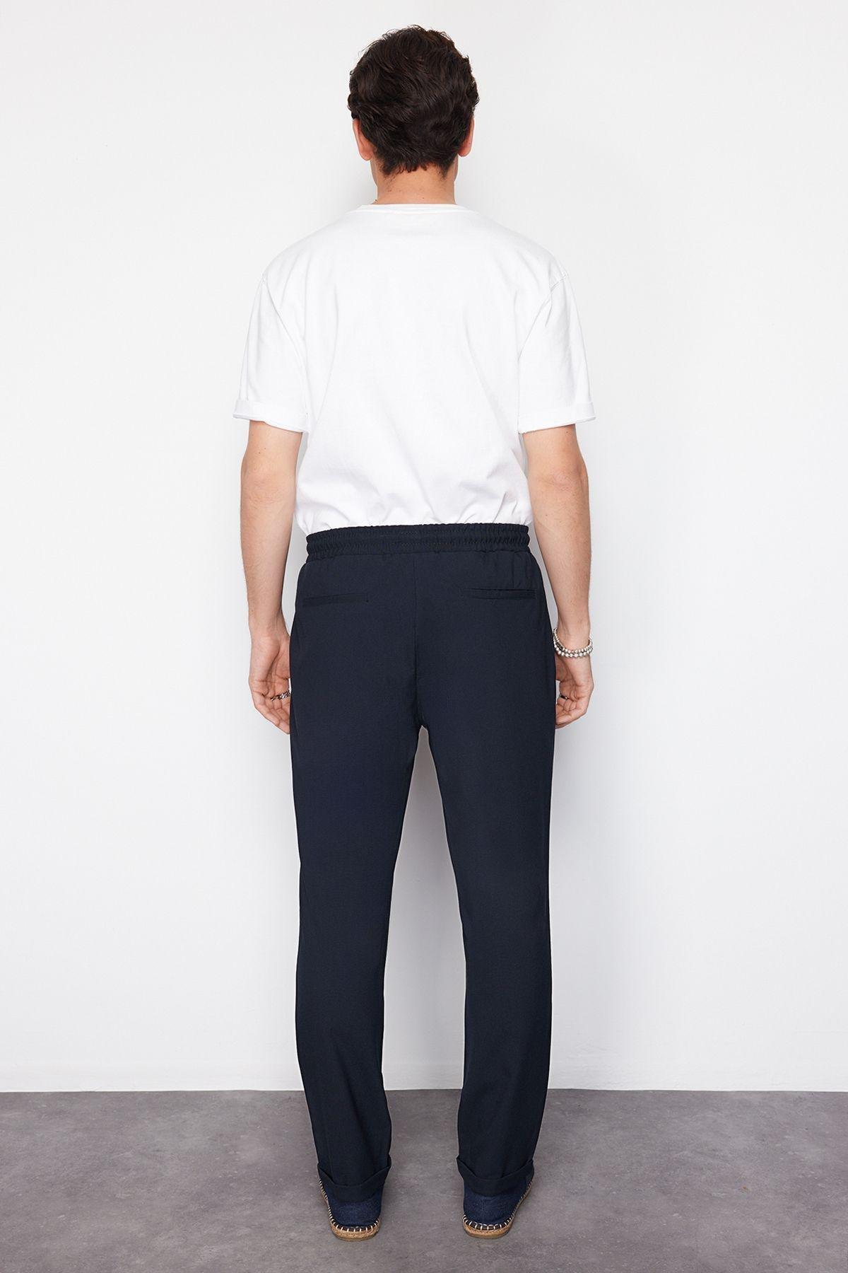 Navy Blue Elastic Waist Slim Fit Double Leg Fabric Trousers TMNAW21PL0107, single, , large image number 1