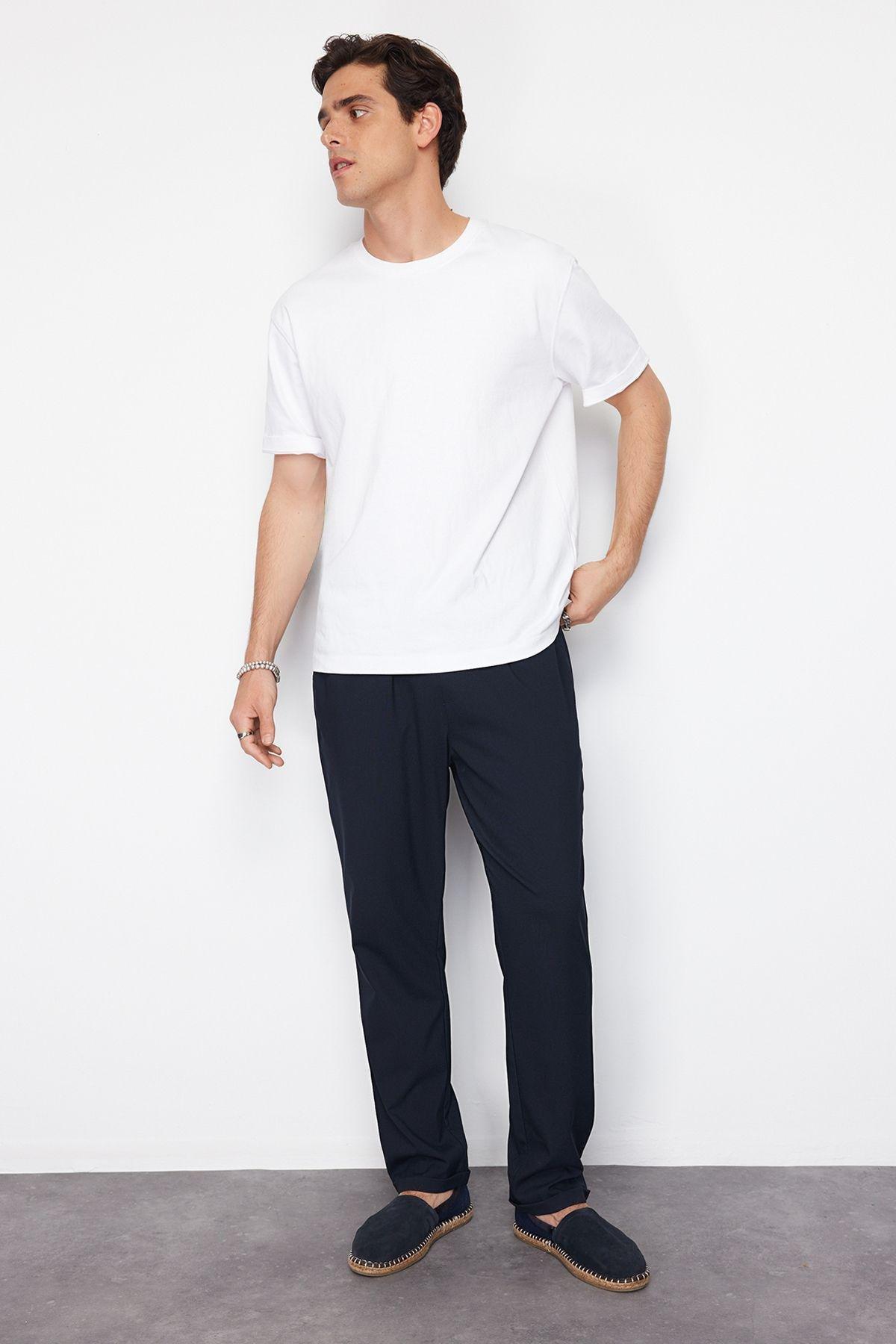 Navy Blue Elastic Waist Slim Fit Double Leg Fabric Trousers TMNAW21PL0107, single, , large image number 2