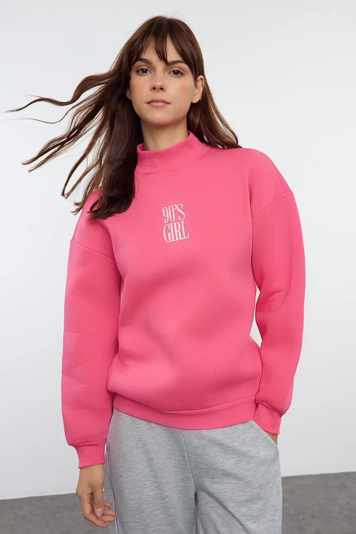Pink Thick Polar Slogan Embroidered Sweatshirt, Fuchsia, large image number 0