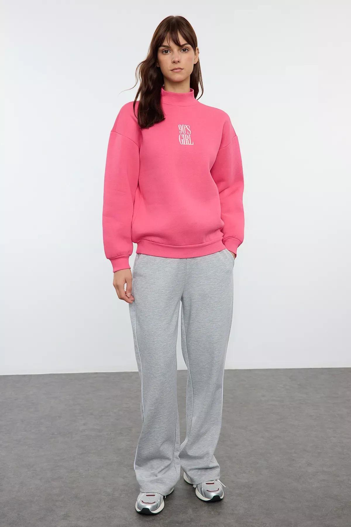 Pink Thick Polar Slogan Embroidered Sweatshirt, Fuchsia, large image number 1