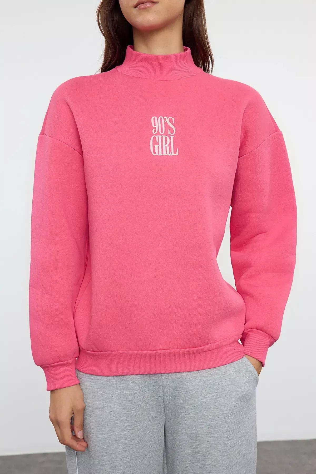 Pink Thick Polar Slogan Embroidered Sweatshirt, Fuchsia, large image number 2