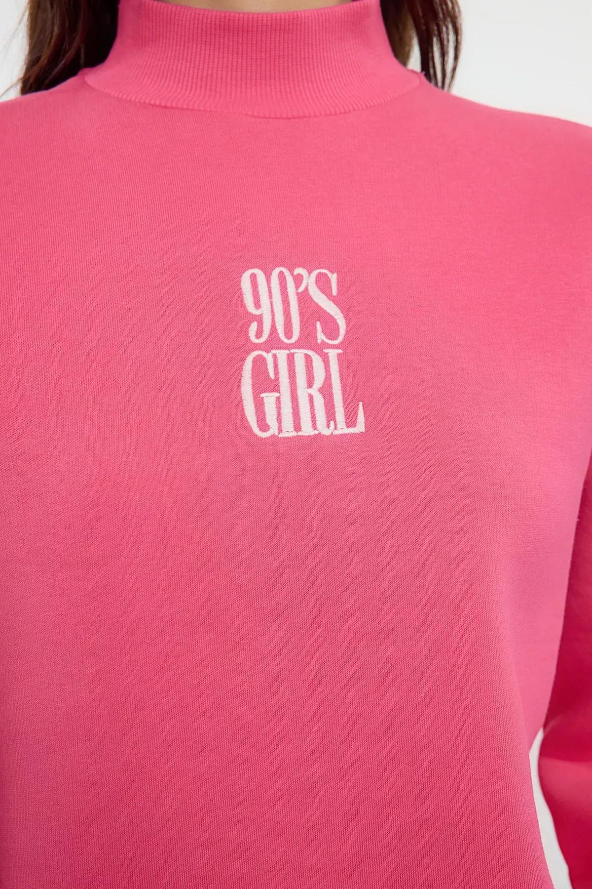 Pink Thick Polar Slogan Embroidered Sweatshirt, Fuchsia, large image number 3