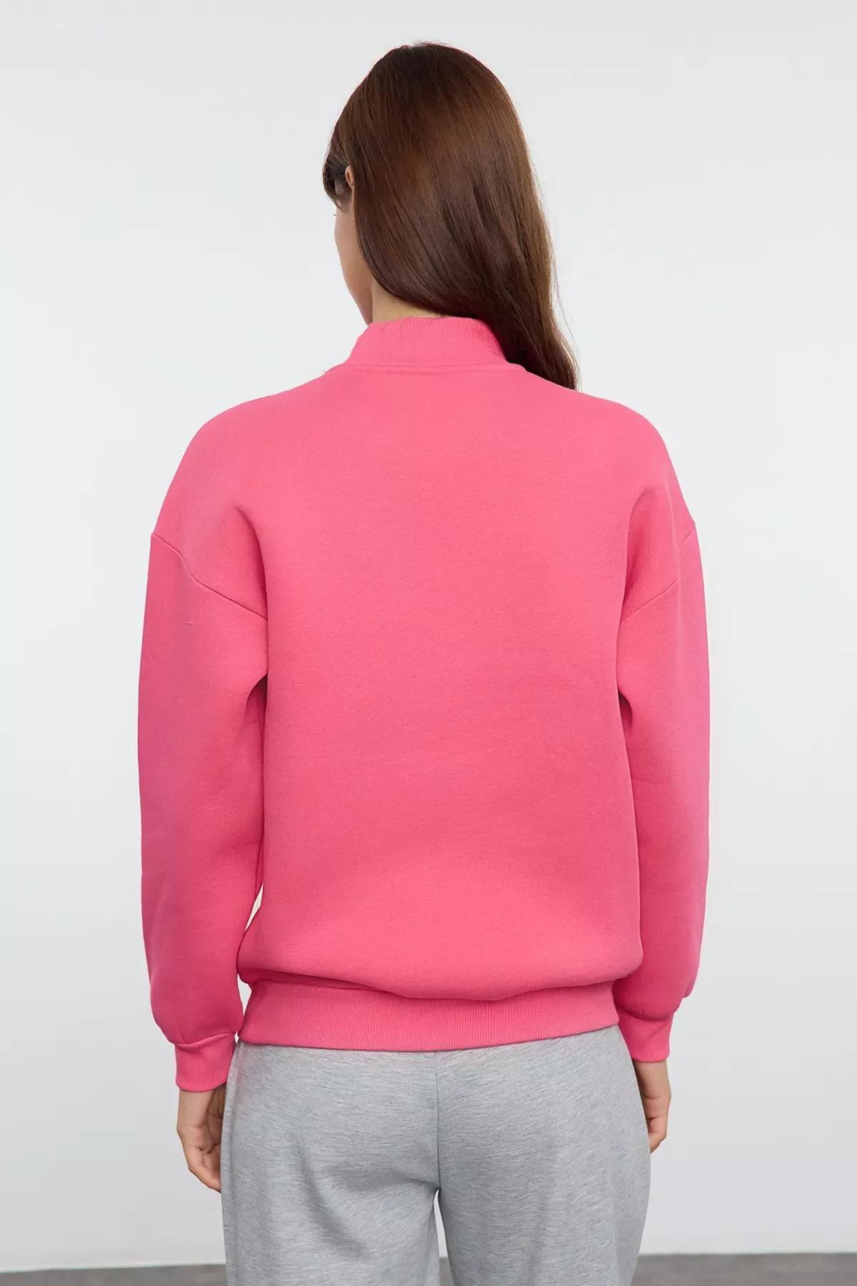 Pink Thick Polar Slogan Embroidered Sweatshirt, Fuchsia, large image number 4
