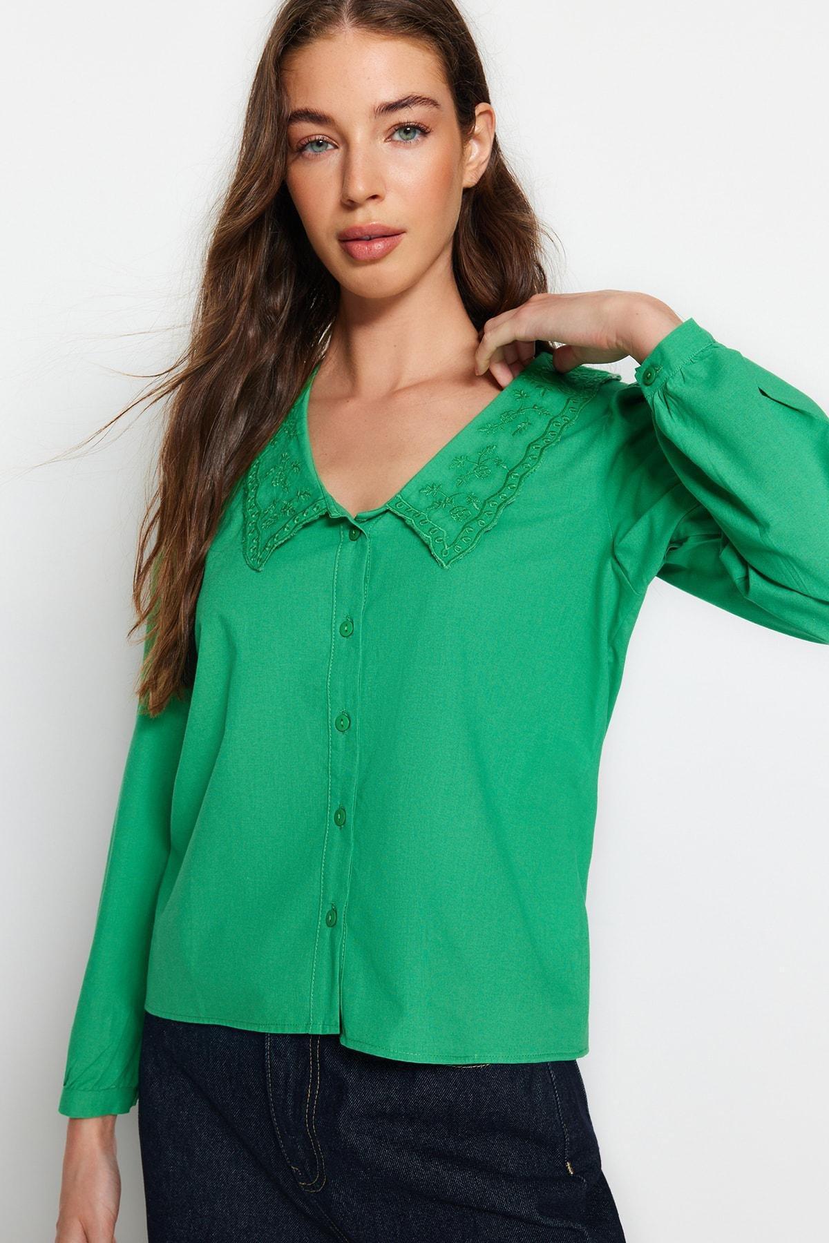 Green Peter Pan Collar Shirt, Green, large image number 1