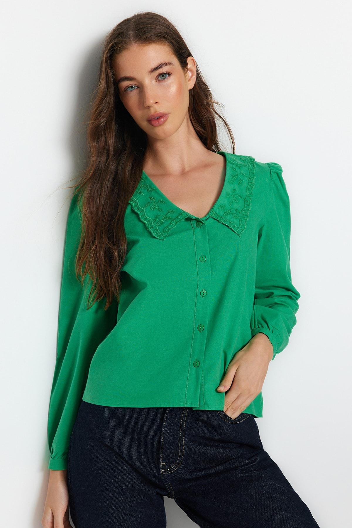 Green Peter Pan Collar Shirt, Green, large image number 2