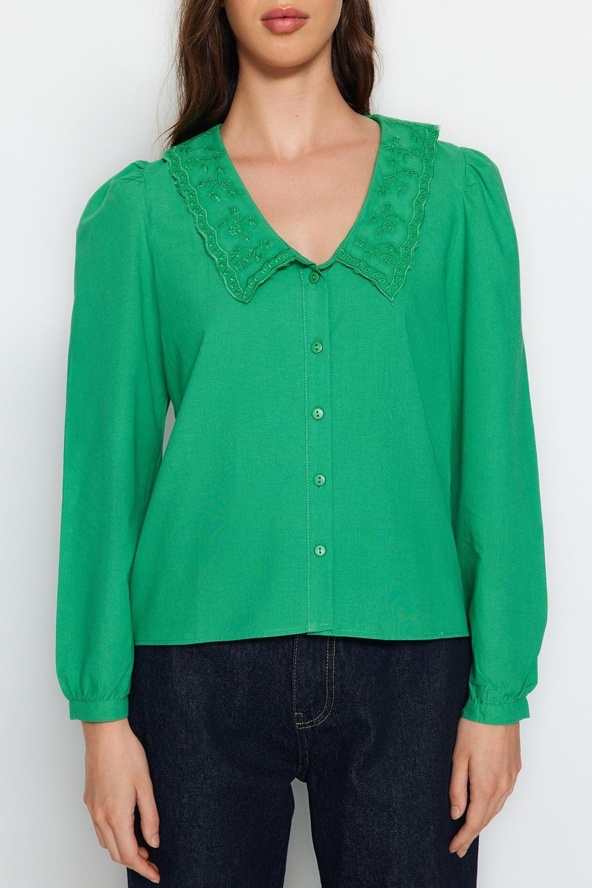Green Peter Pan Collar Shirt, Green, large image number 3