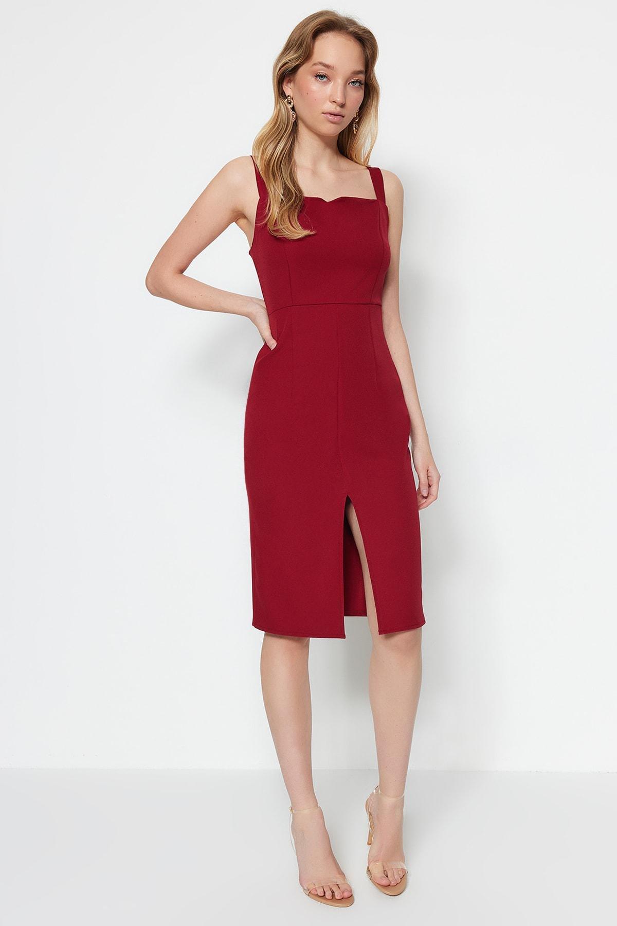 Burgundy Midi Slit Strap Dress, , large image number 0
