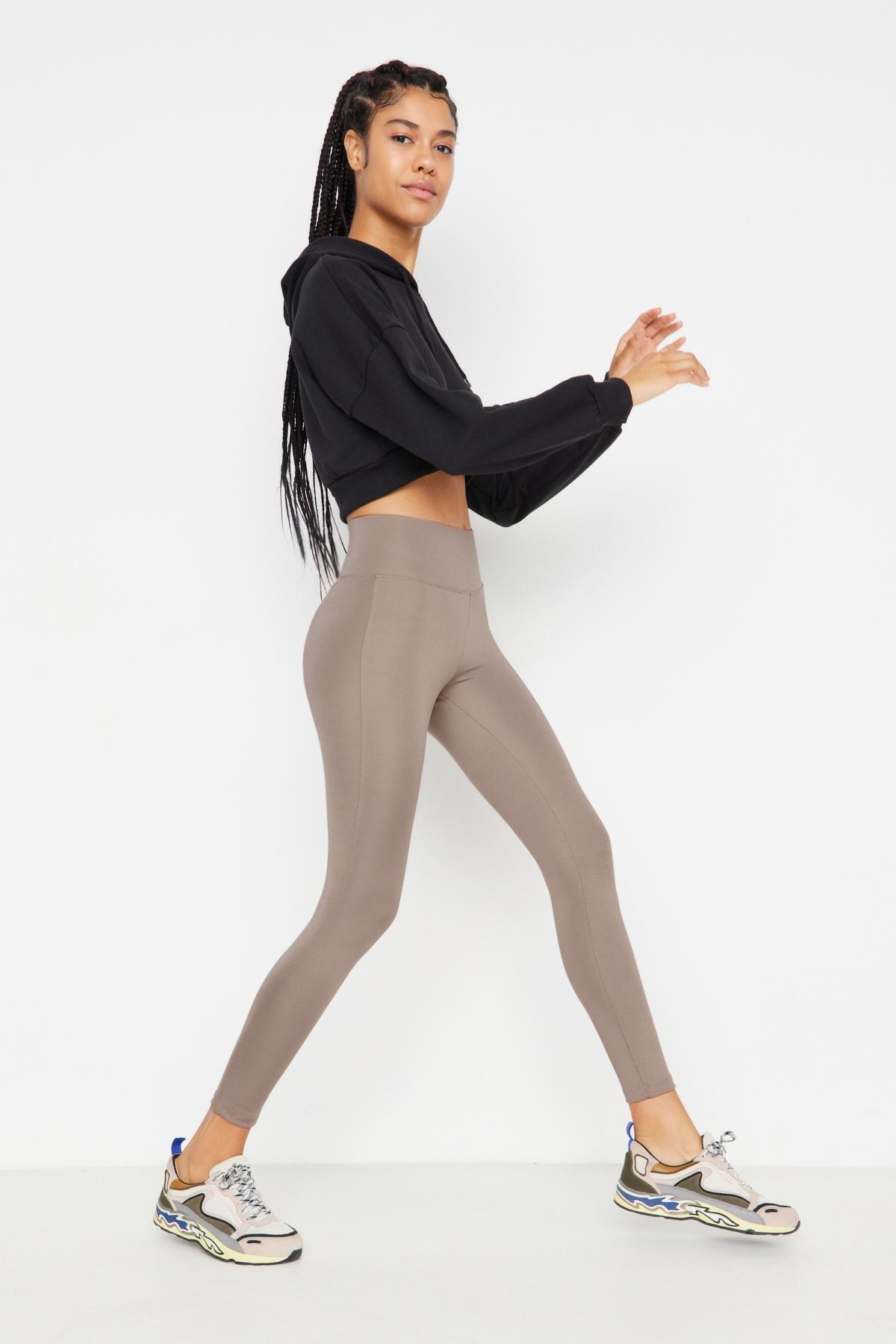 Brown High Waist Sports Leggings, Beige, large image number 2