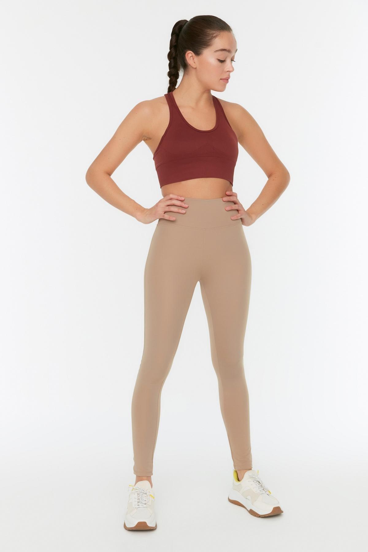 Brown High Waist Sports Leggings, Beige, large image number 3