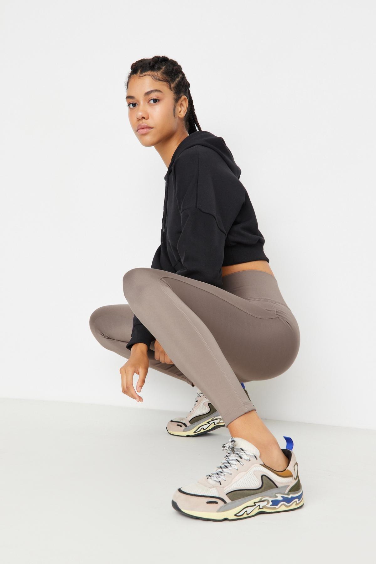 Brown High Waist Sports Leggings, Beige, large image number 7