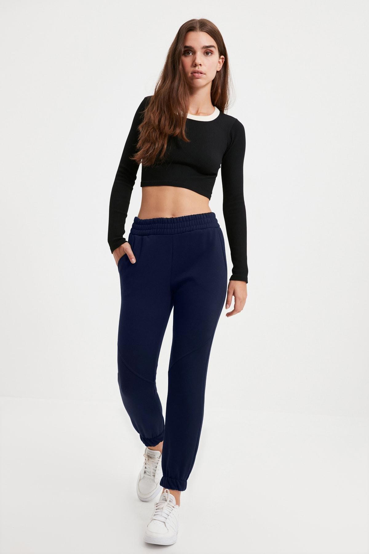 Navy Mid Waist Joggers Sweatpants, Dark blue, large image number 1