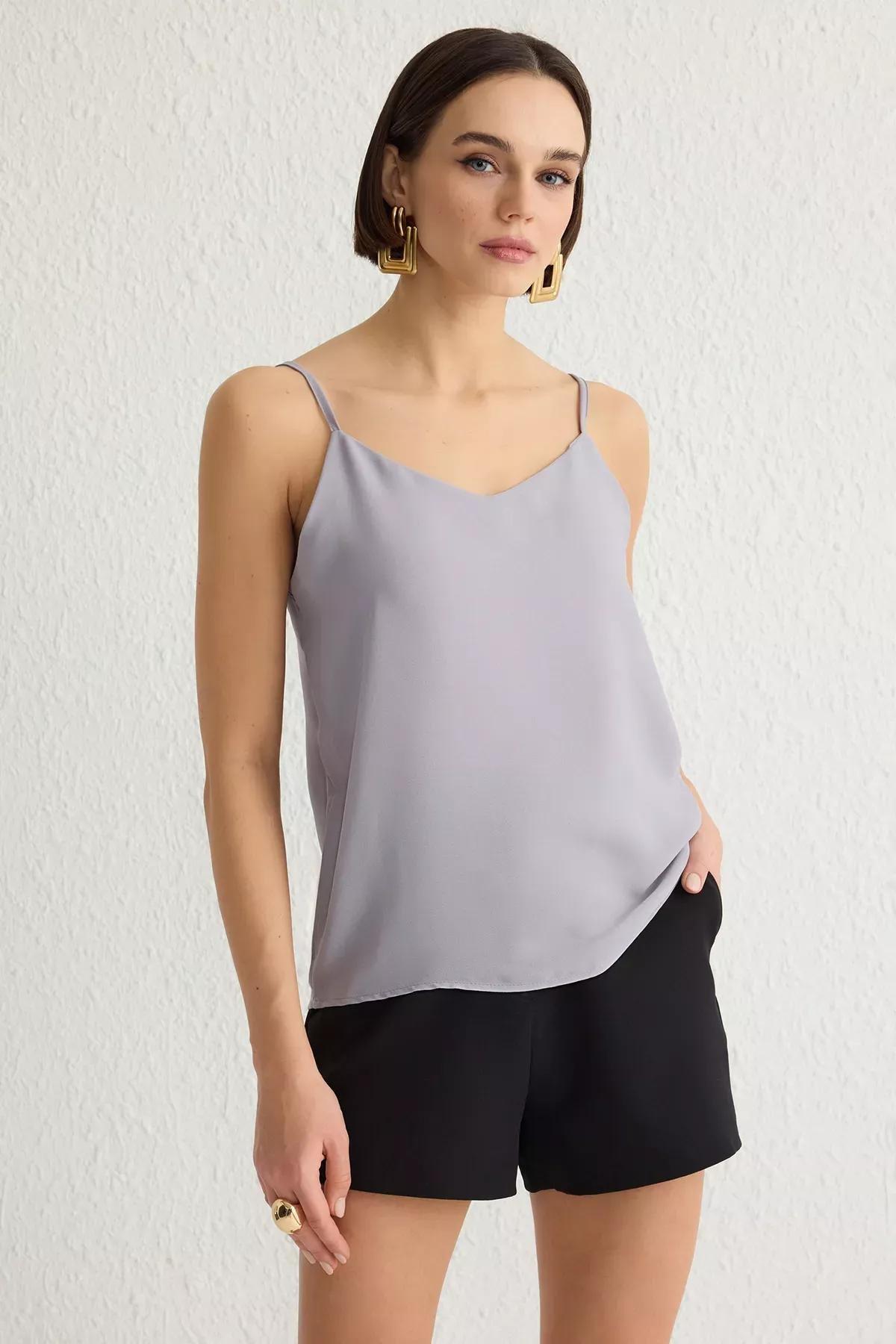 Grey Basic Strappy Blouse, , large image number 1
